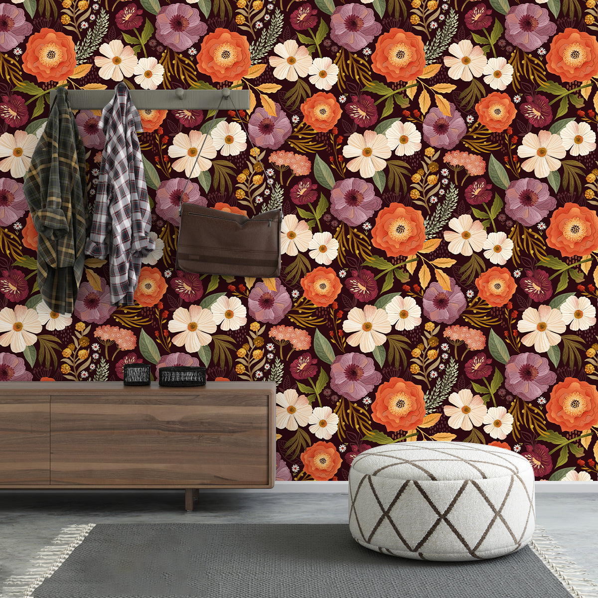 HaokHome Floral Pattern Wallpaper – Elegant Poppies, Daisies, and Leaves on Deep Burgundy Background