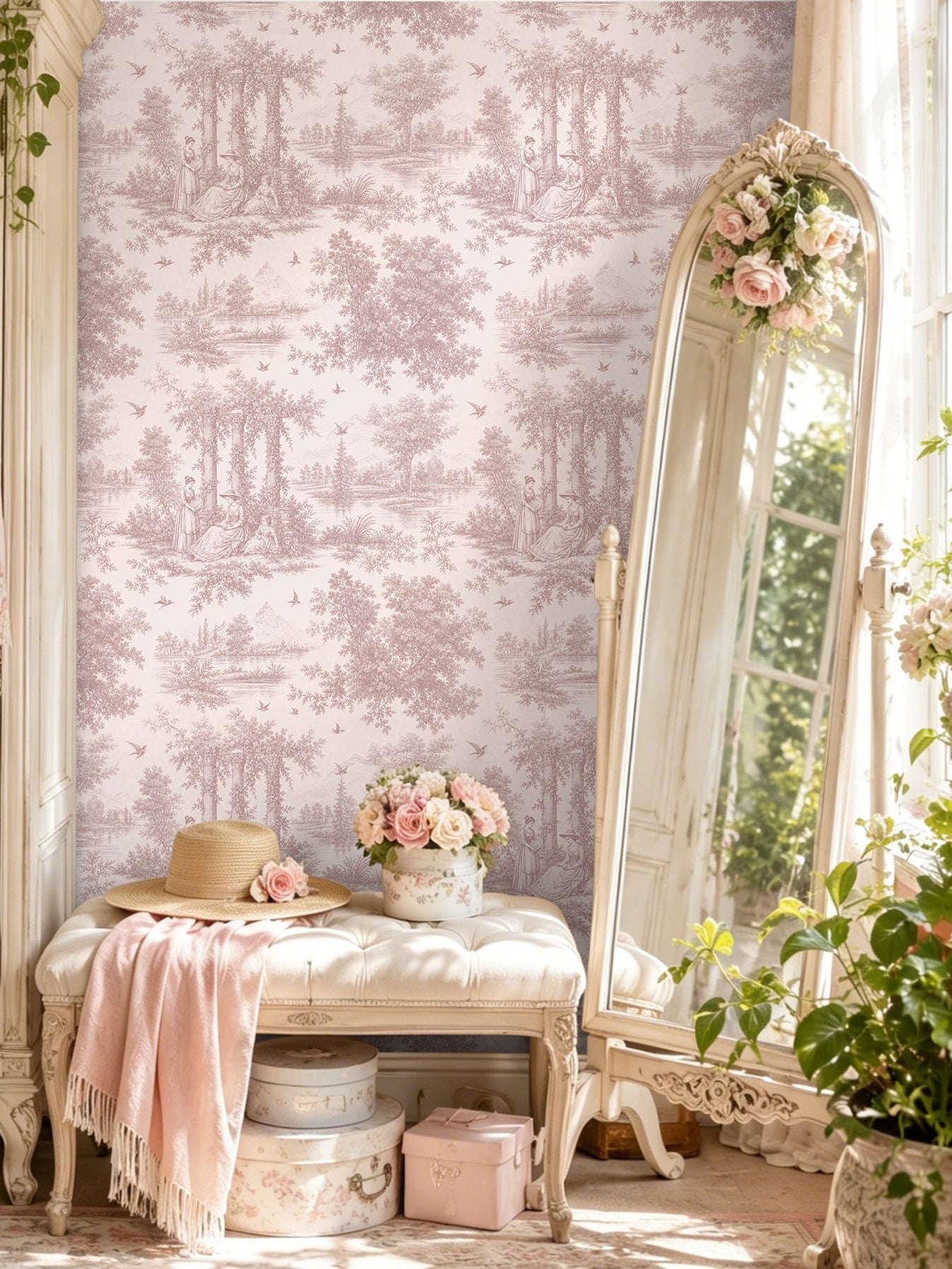 HaokHome Peel and Stick Wallpaper Blush Pink Forest Figure Toile de Jouy Wall Mural Removable Self Adhesive Soft Vintage Cottage Wallpaper