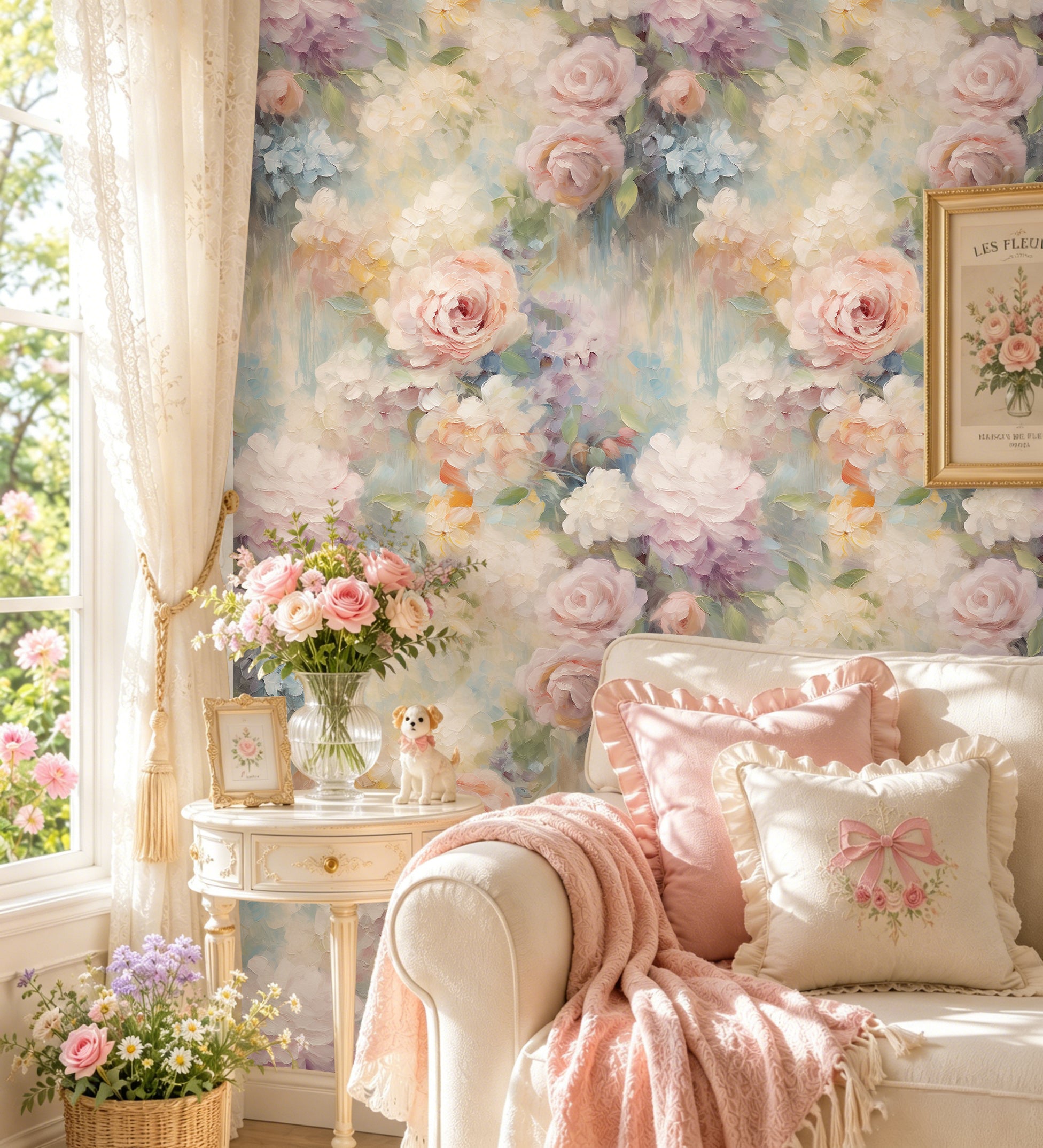 HaokHome Peel and Stick Wallpaper Pastel Soft Oil Painting Rose Floral Wall Mural Removable Self Adhesive Romantic Dreamy Cottage Wallpaper
