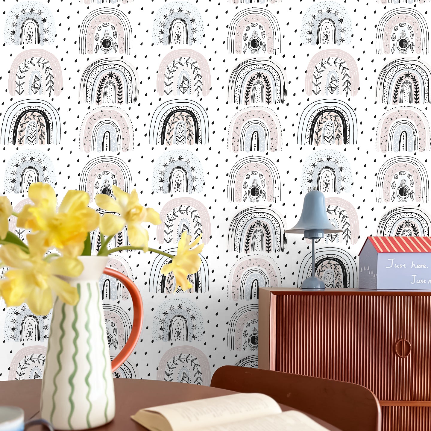 HaokHome Peel and Stick Wallpaper Hand Drawn Nordic Rainbow Boho Starry Crystal Plant Removable Wall Decor for Kids Bedroom