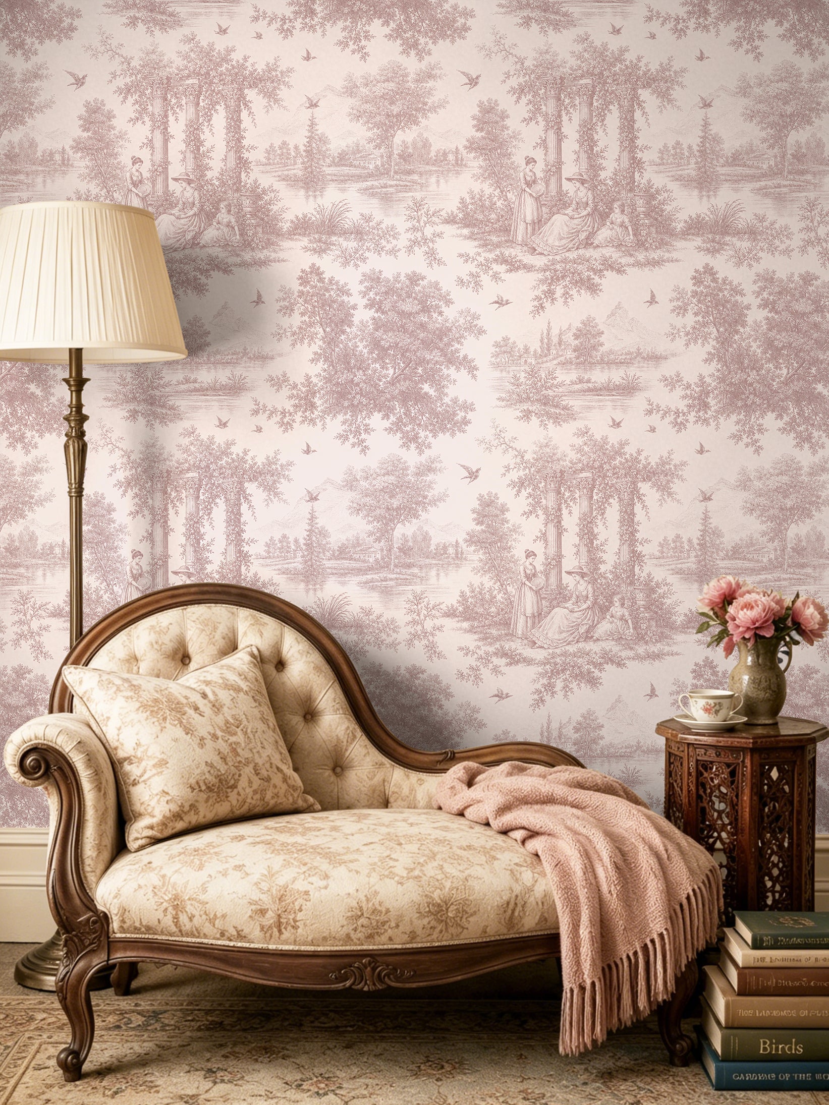 HaokHome Peel and Stick Wallpaper Blush Pink Forest Figure Toile de Jouy Wall Mural Removable Self Adhesive Soft Vintage Cottage Wallpaper