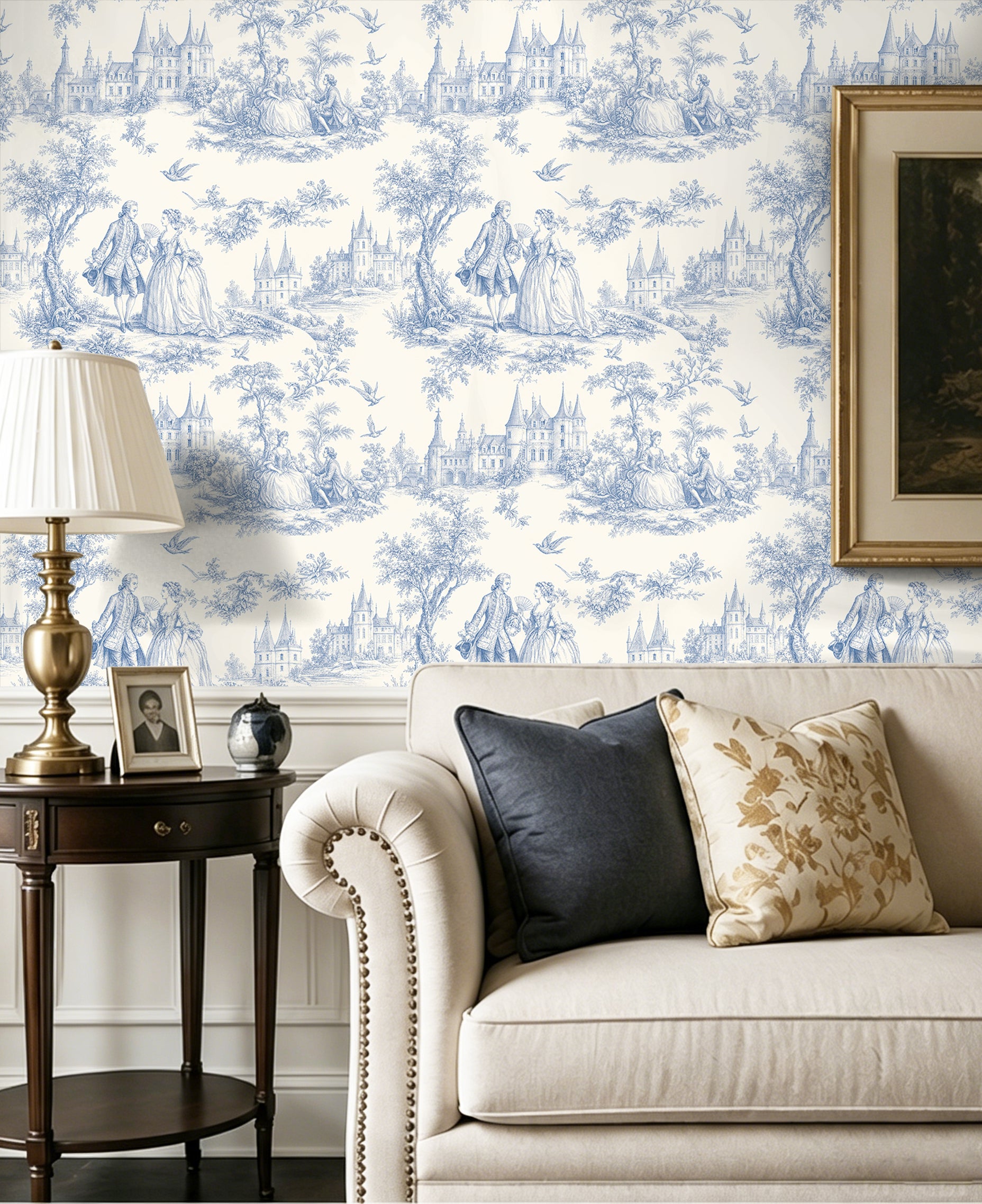 Blue Toile de Jouy Vintage Castle Wallpaper