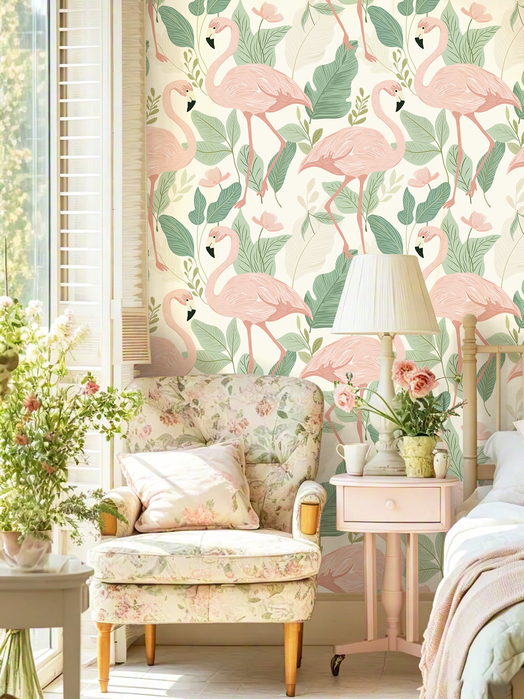 HaokHome Peel and Stick Wallpaper - Soft Pastel Flamingo & Leaf Pattern Removable Self Adhesive Wallpaper for Nursery & Kids Room