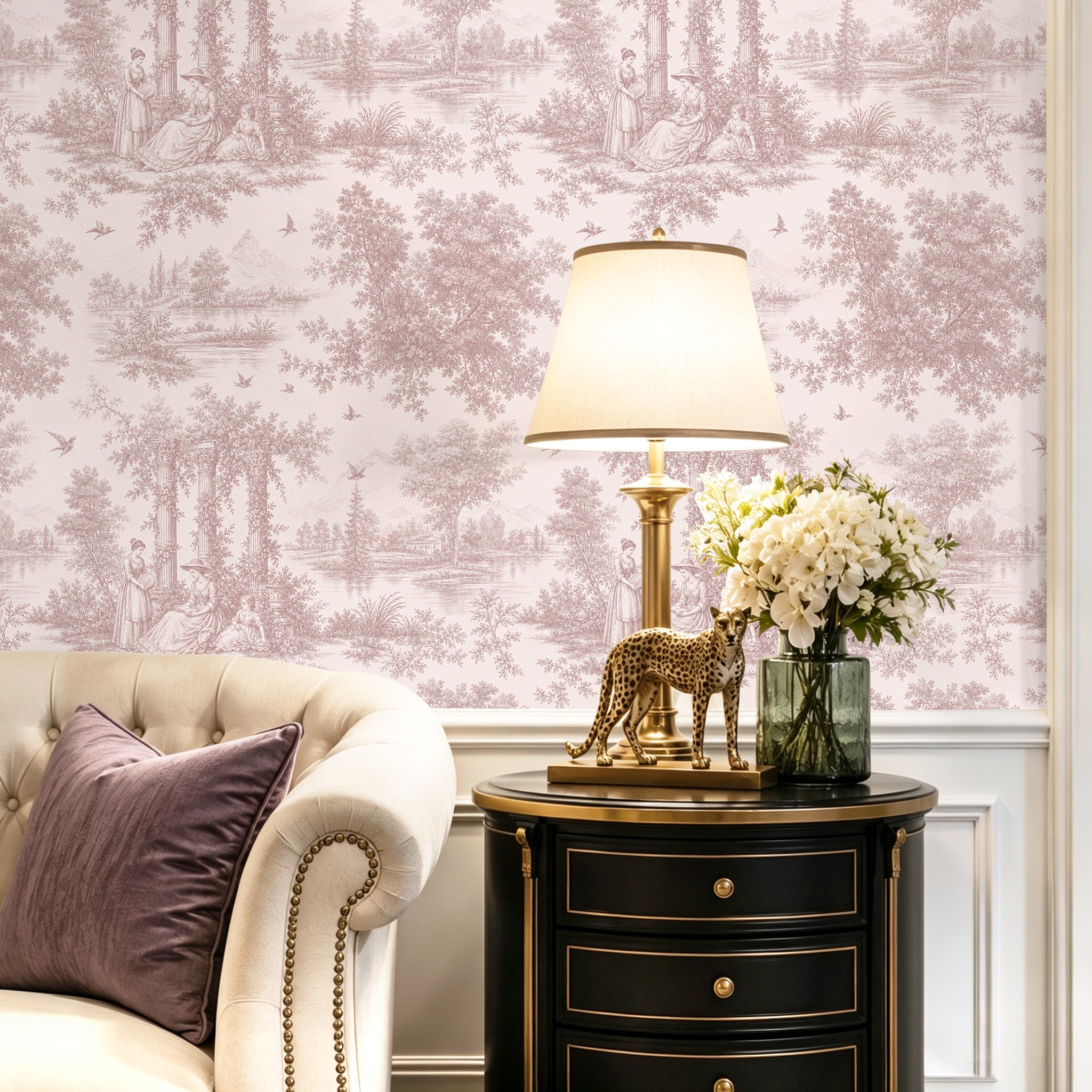 HaokHome Peel and Stick Wallpaper Blush Pink Forest Figure Toile de Jouy Wall Mural Removable Self Adhesive Soft Vintage Cottage Wallpaper