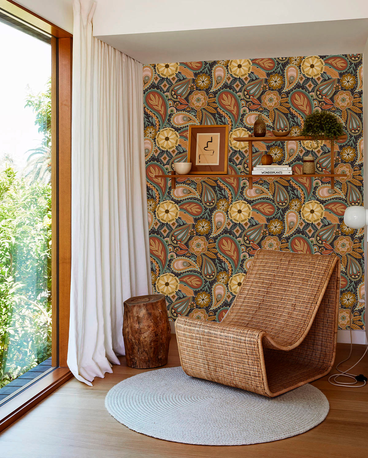 HaokHome Wallpaper Peel and Stick Floral Boho Brown/PeachPuff/Green Retro Wall Decor Bathroom Removable Mural