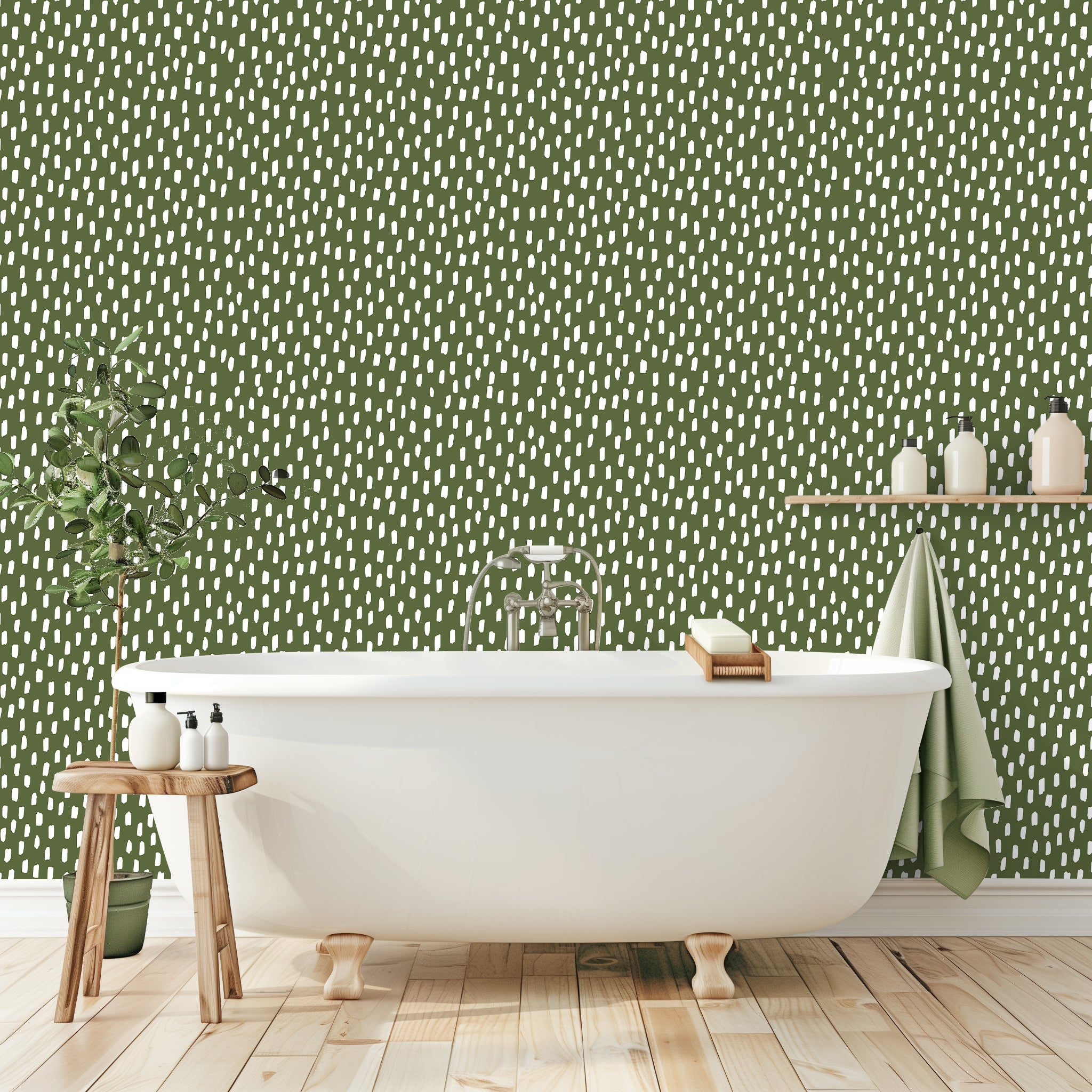 HaokHome Peel and Stick Wallpaper Olive Green Hand Drawn White Dash Dot Wall Mural Removable Self Adhesive Minimalist Neutral Wallpaper