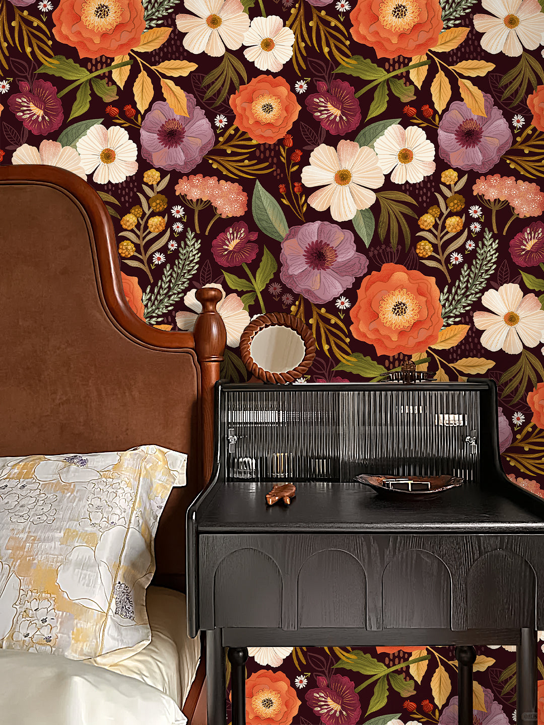 HaokHome Floral Pattern Wallpaper – Elegant Poppies, Daisies, and Leaves on Deep Burgundy Background