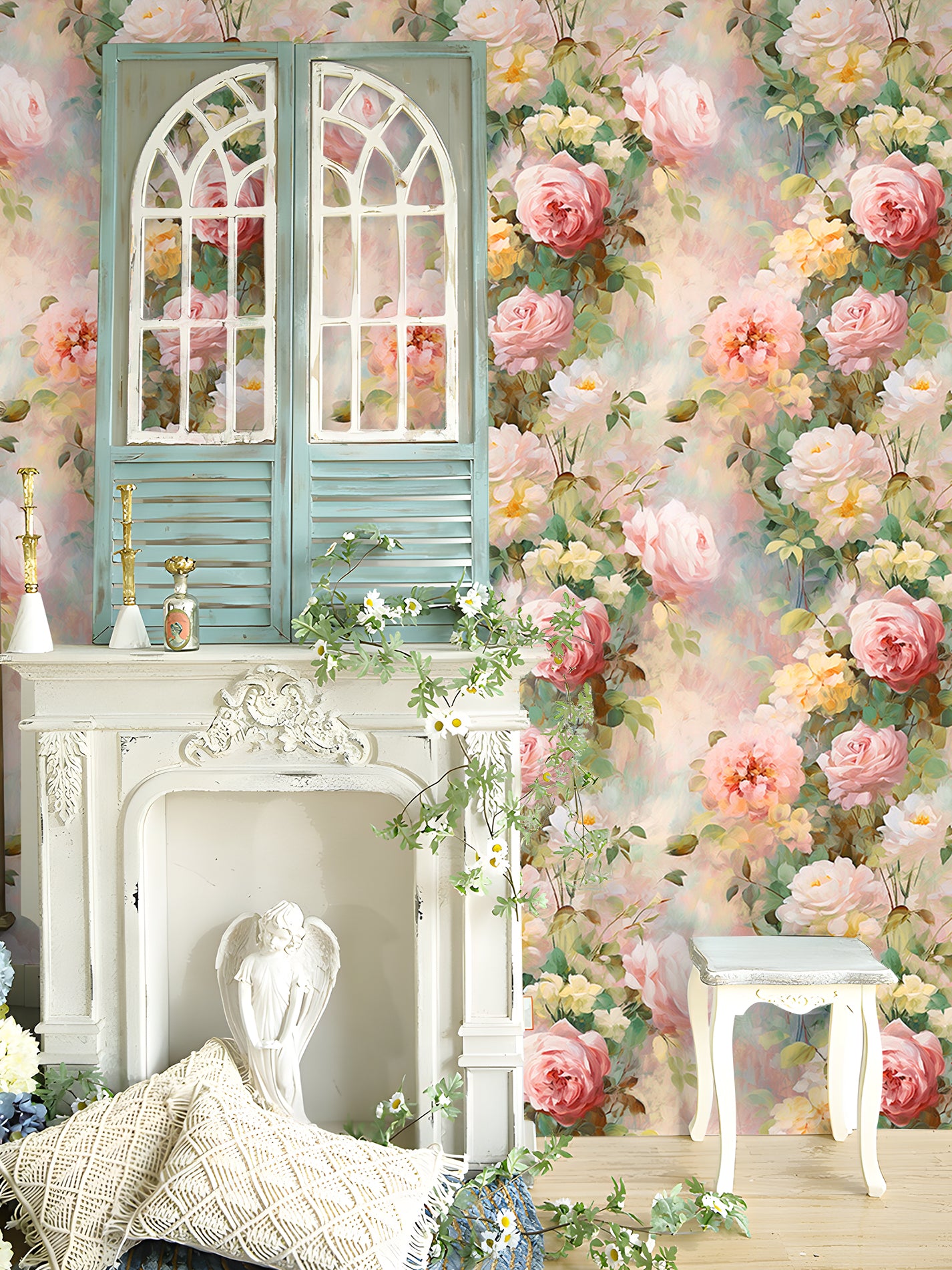 HaokHome Soft Oil Painting Rose Peel and Stick Wallpaper, Light Pastel Floral Removable Wallpaper, Cozy Bedroom Makeover