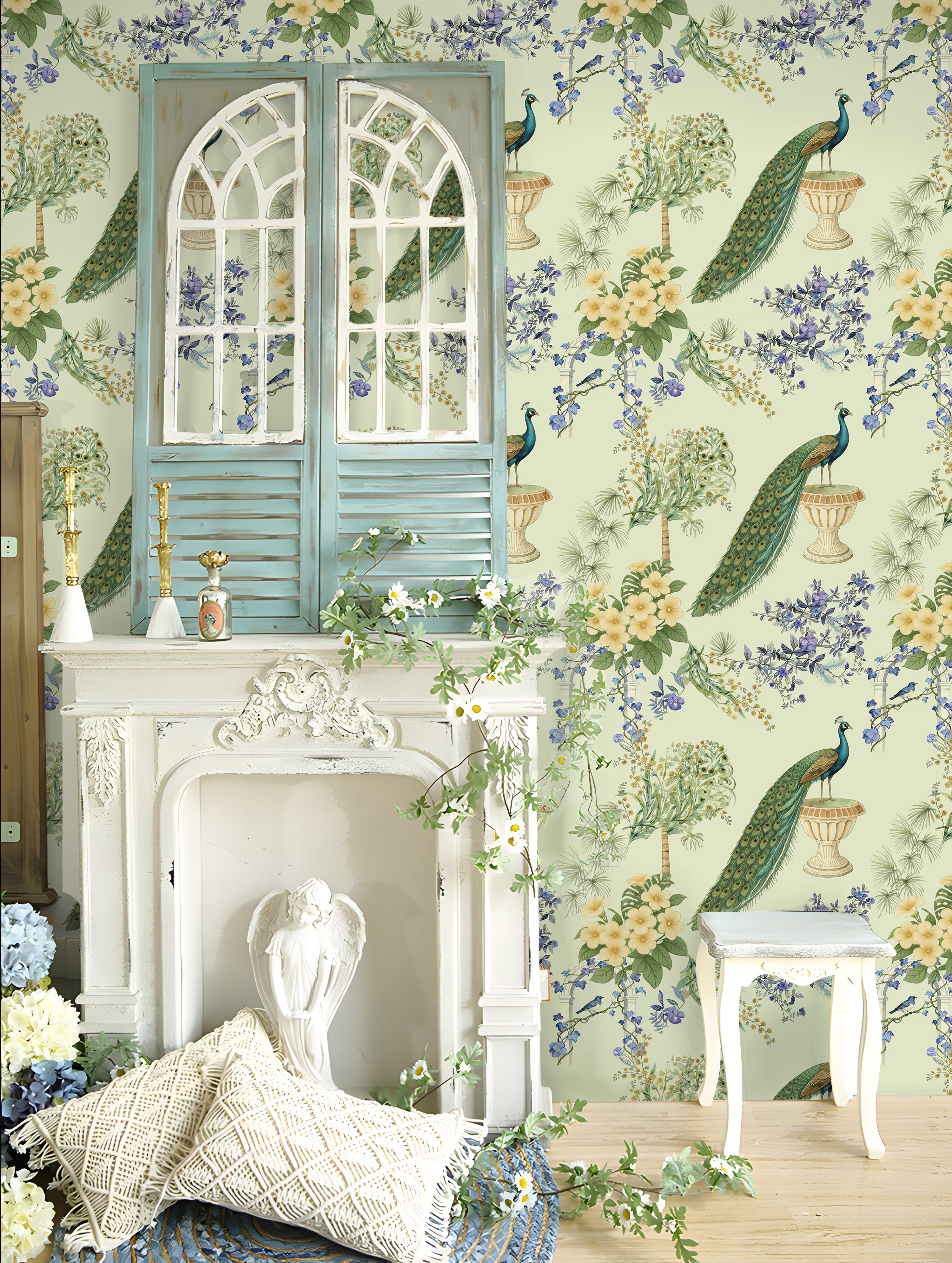 HaokHome Peacock Floral Watercolor Wallpaper, Vintage Botanical Peel and Stick Wallpaper, Removable Wall Mural for Bedroom and Living Room