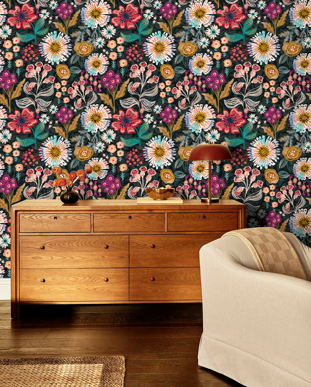 HaokHome Peel and Stick Wallpaper – Dark Moody Folk Wildflower Hand‑Drawn Botanical Removable Wallpaper for Accent Wall