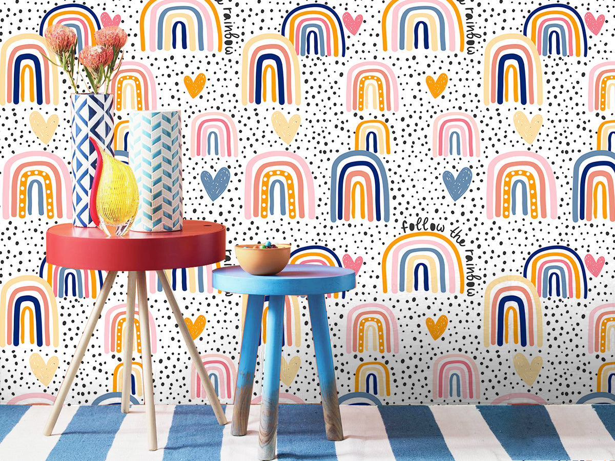 HaokHome Peel and Stick Wallpaper Boho Whimsical Rainbow & Hand-Drawn Hearts on Polka Dot Background Removable Wall Mural for Nursery & Kids Bedroom
