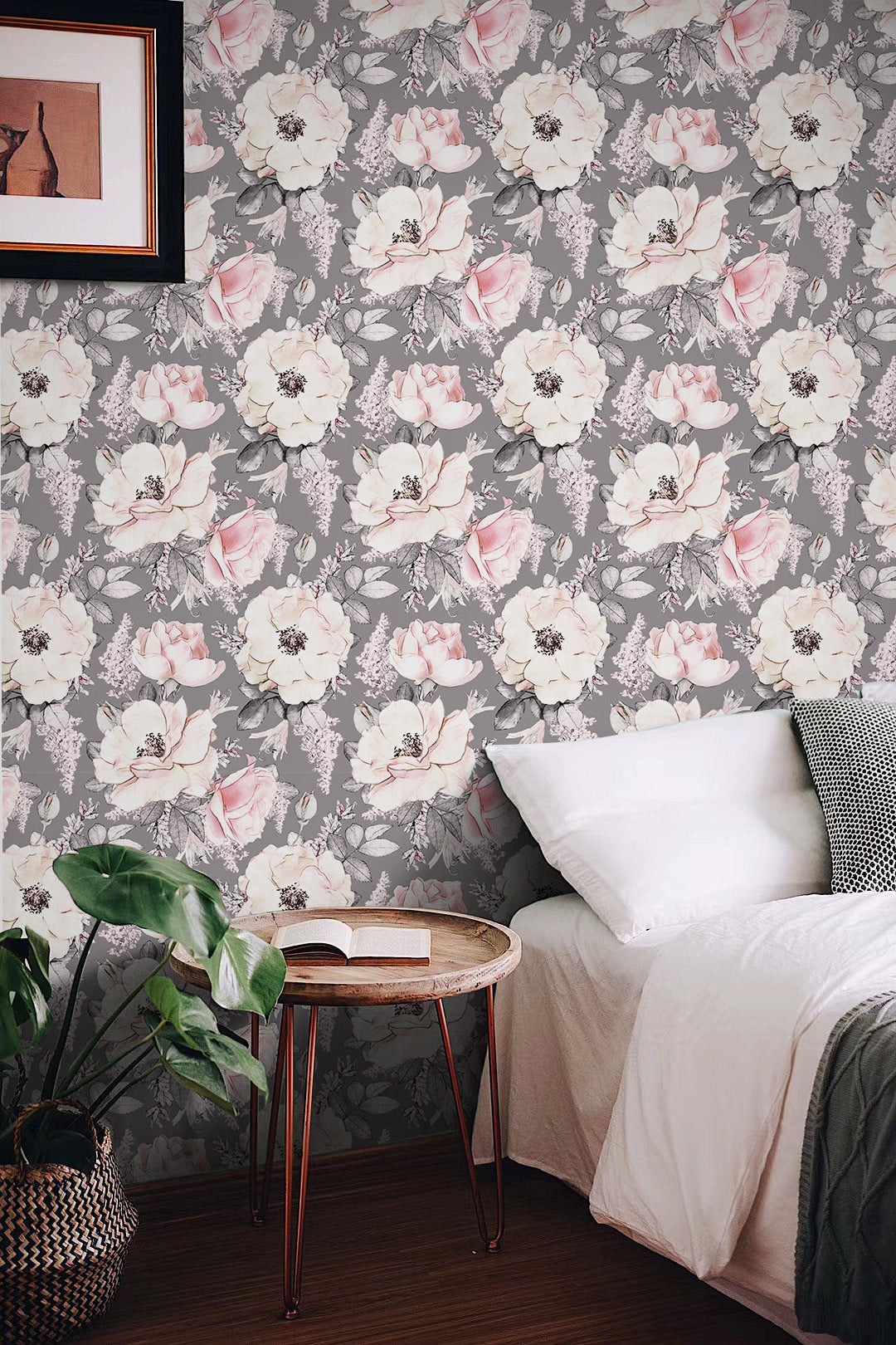 HaokHome Peony Floral Peel and Stick Wallpaper Removable Grey Pink Flowers Leaf Shelf Liner Contact Paper
