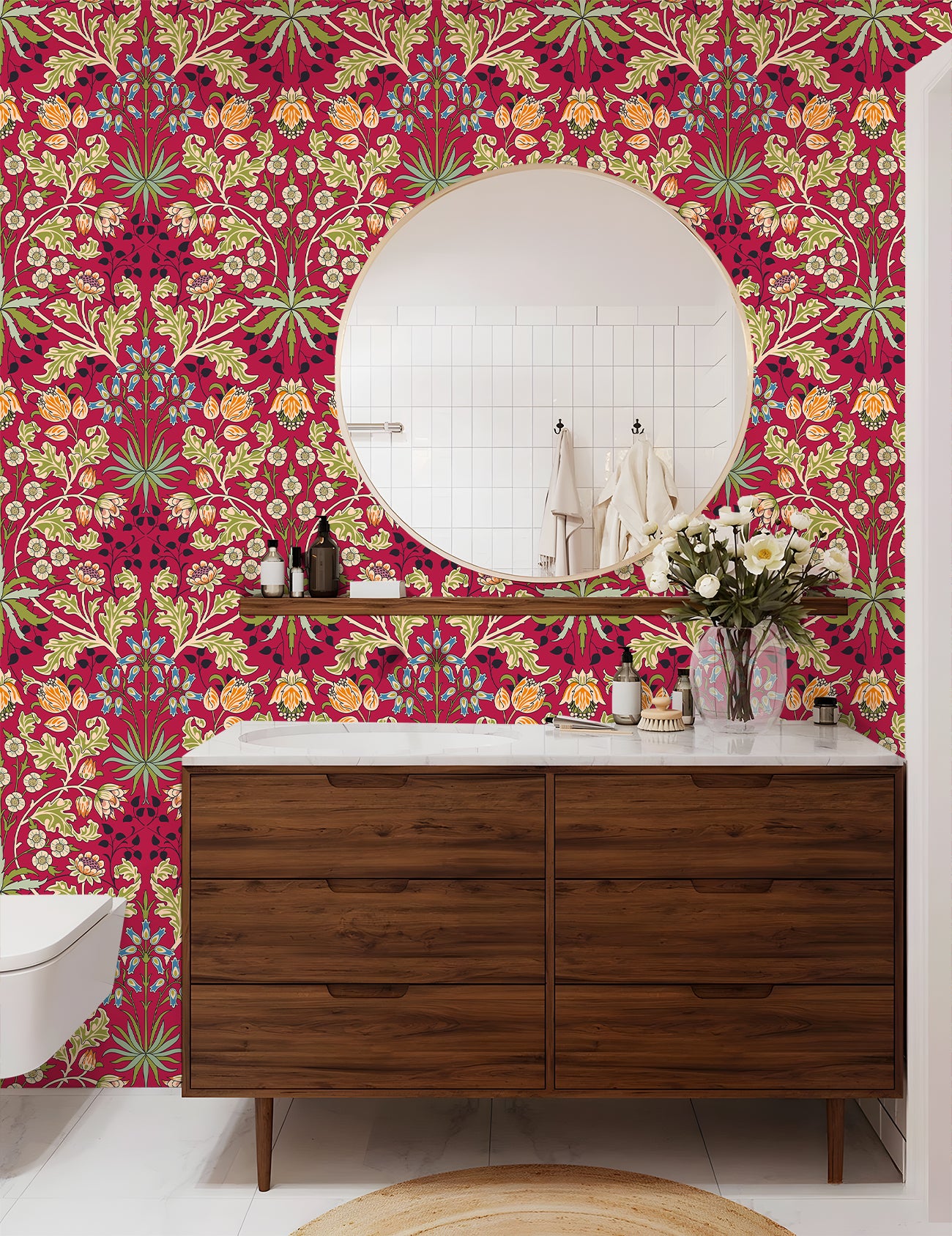 HaokHome Peel and Stick Wallpaper Vintage Red Floral Botanical William Morris Style Wallpaper