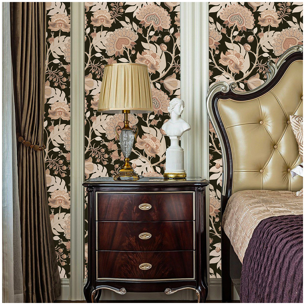 HaokHome Vintage Exotic Floral Peel and Stick Wallpaper – Neutral Beige Flowers on Dark Black Background