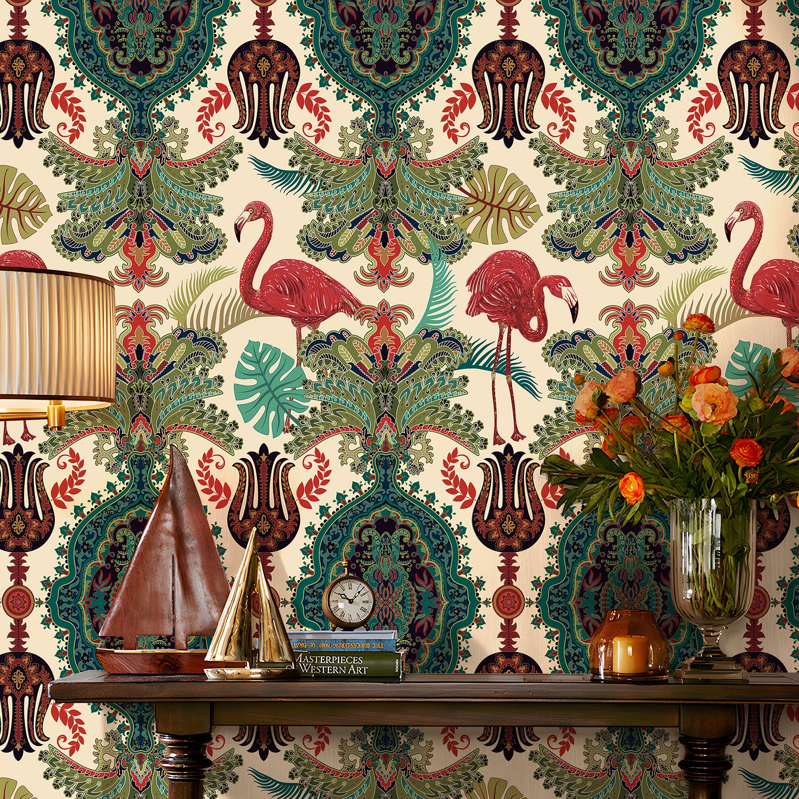 HaokHome Peel and Stick Wallpaper Boho Tropical Flamingo and Leaf Pattern Vintage Baroque Wall Mural Removable Vinyl Self Adhesive Wallpaper for Living Room Bedroom Accent Wall
