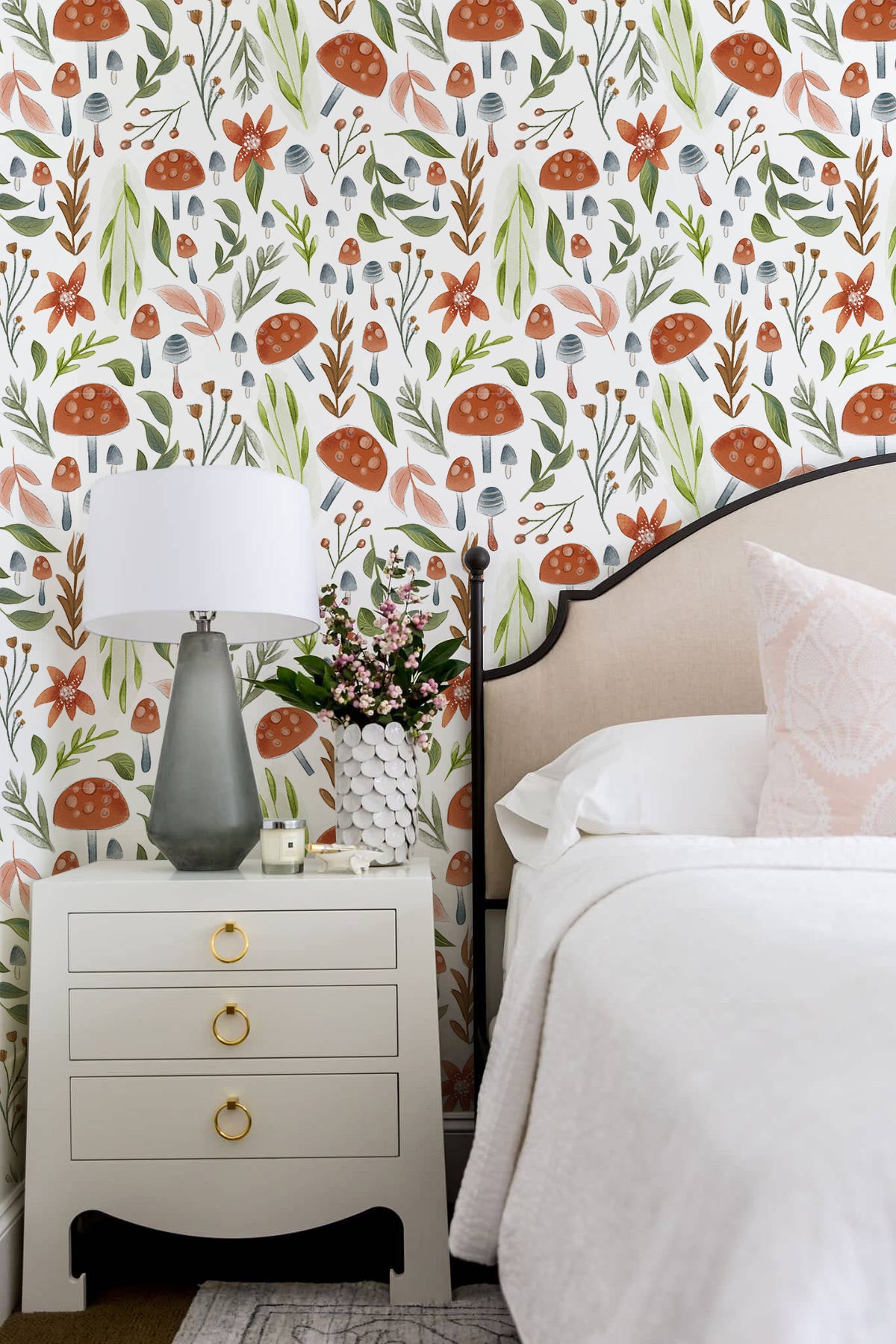 watercolor mushroom peel and stick wallpaper、whimsical forest botanical wallpaper、nursery mushroom removable wallpaper、boho woodland peel and stick wallpaper