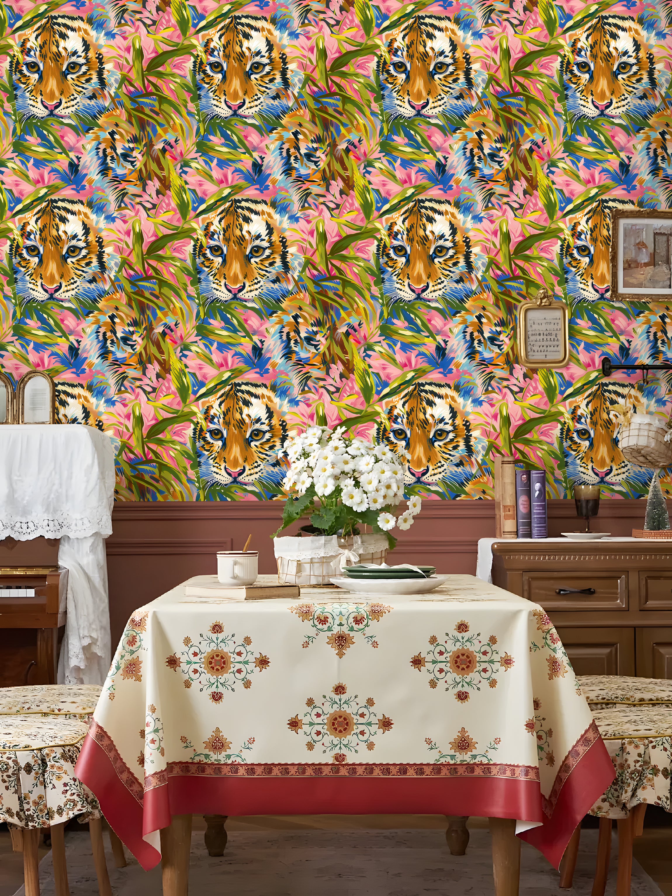 HaokHome layful Tiger and Tropical Bloom Wallpaper Colorful, Bold Design with Pink Flowers and Lush Greenery