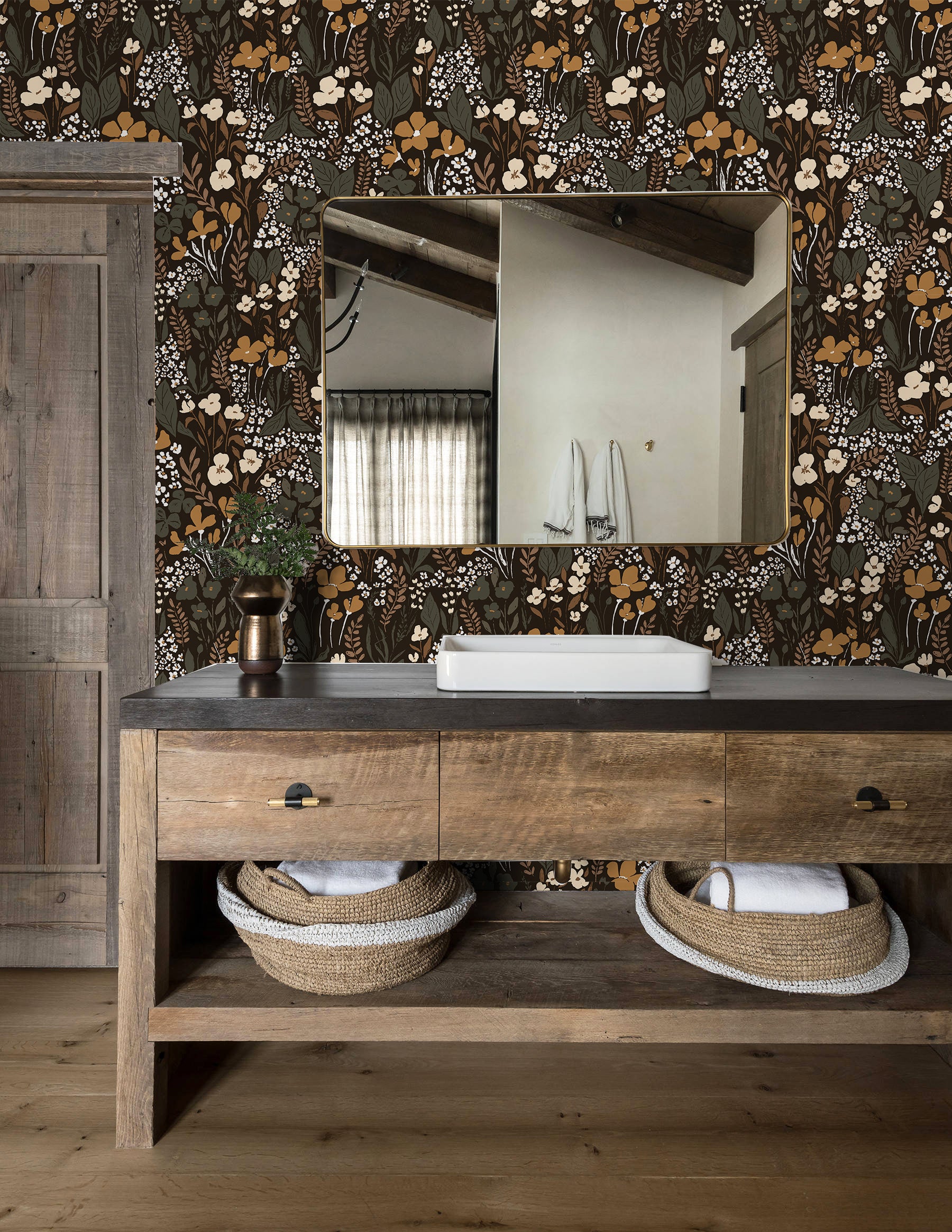 HaokHome Wallpaper Peel and Stick Vintage Floral Black/Gold/Beige Botanical Wall Decor Removable Mural for Bedroom & Living Room