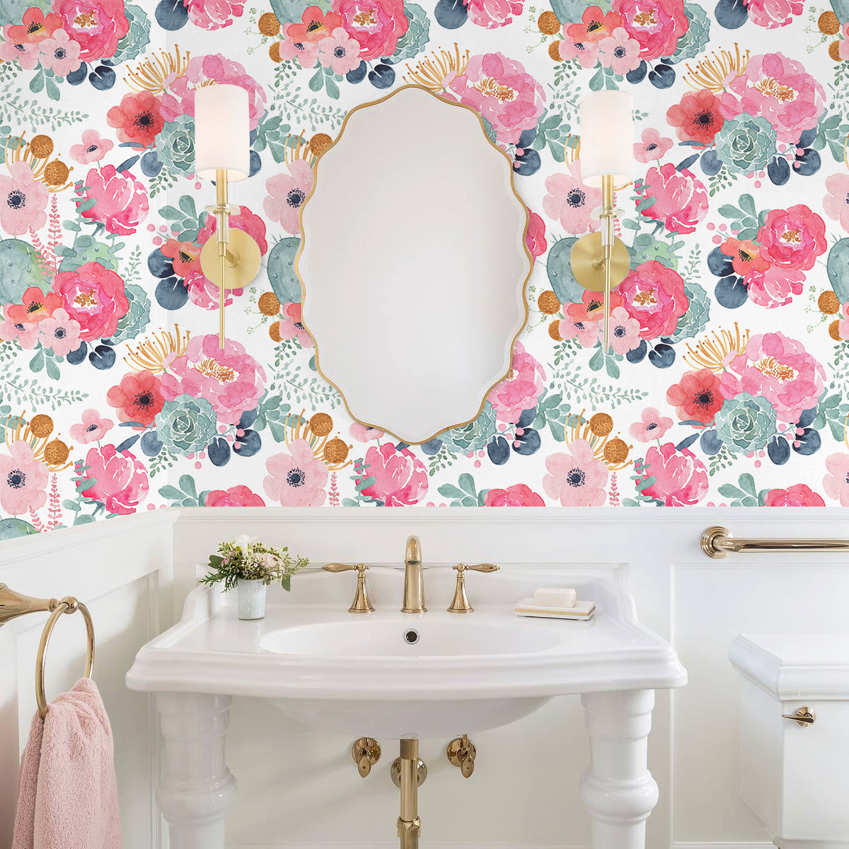 Watercolor Blush Rose & Cactus Peel and Stick Wallpaper, Soft Bright Botanical Decor | HaokHome