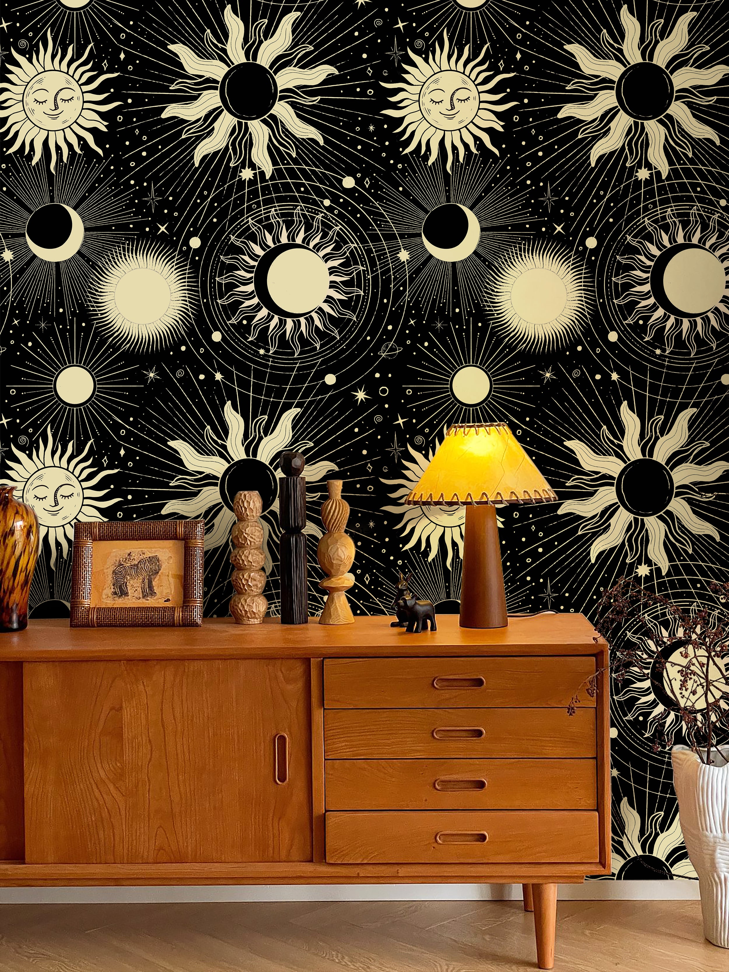 HaokHome Sun and Moon Peel and Stick Wallpaper, Mystical Celestial Removable Self Adhesive Wallpaper for Bedroom & Living Room