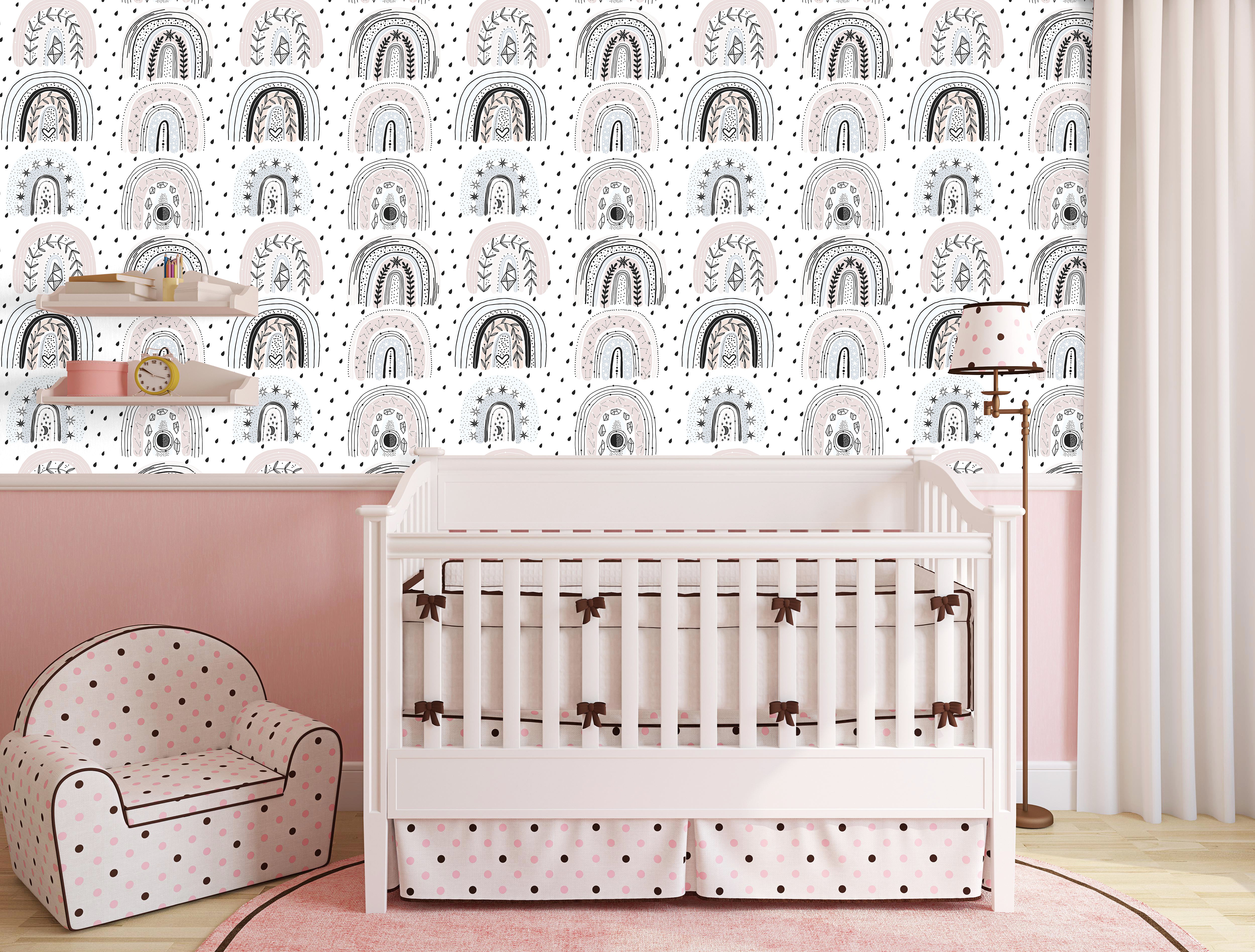 HaokHome Peel and Stick Wallpaper Hand Drawn Nordic Rainbow Boho Starry Crystal Plant Removable Wall Decor for Kids Bedroom