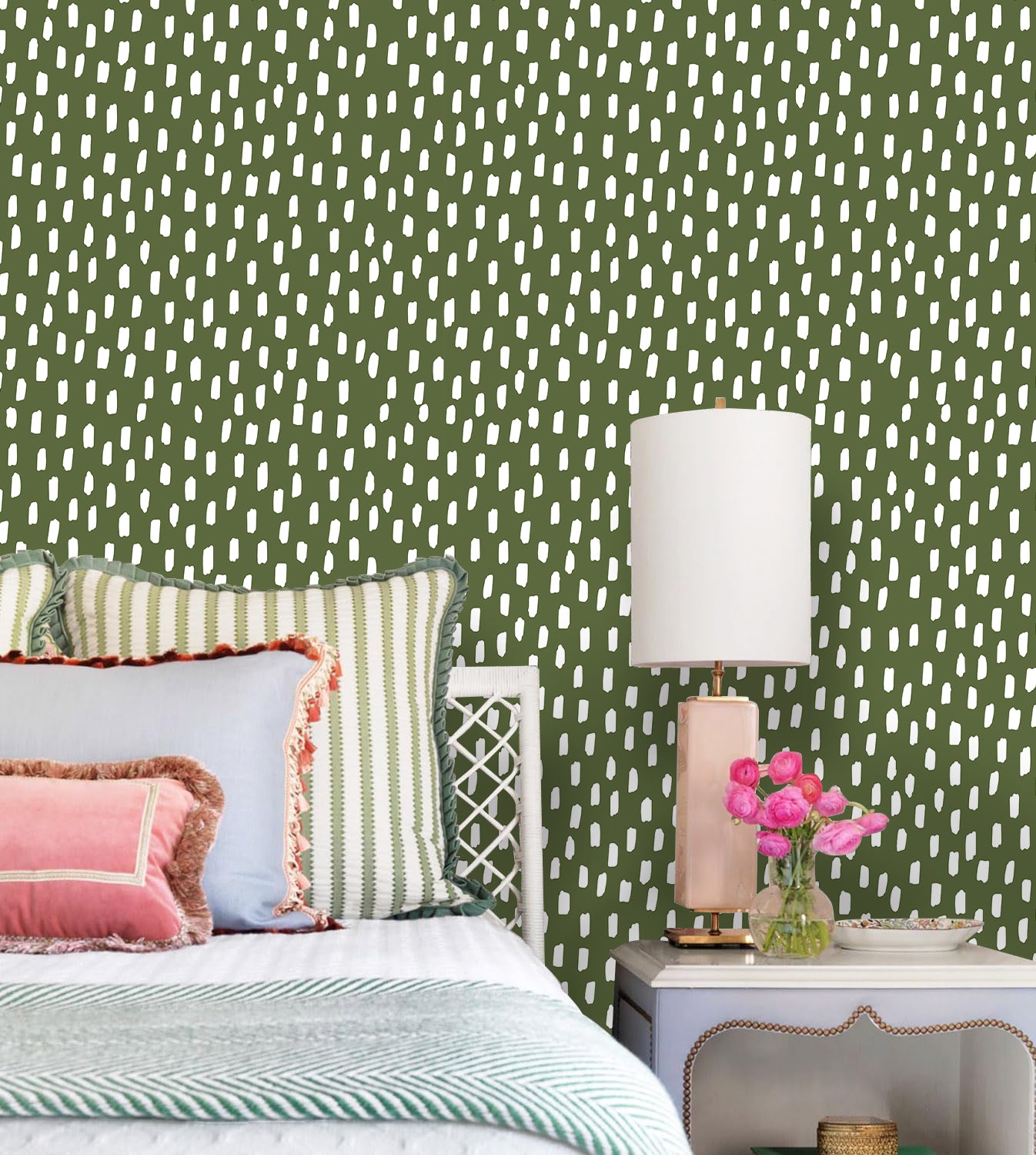 HaokHome Peel and Stick Wallpaper Olive Green Hand Drawn White Dash Dot Wall Mural Removable Self Adhesive Minimalist Neutral Wallpaper