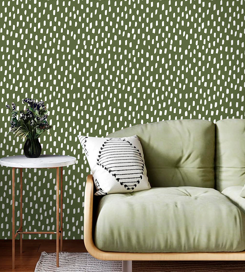 HaokHome Peel and Stick Wallpaper Olive Green Hand Drawn White Dash Dot Wall Mural Removable Self Adhesive Minimalist Neutral Wallpaper