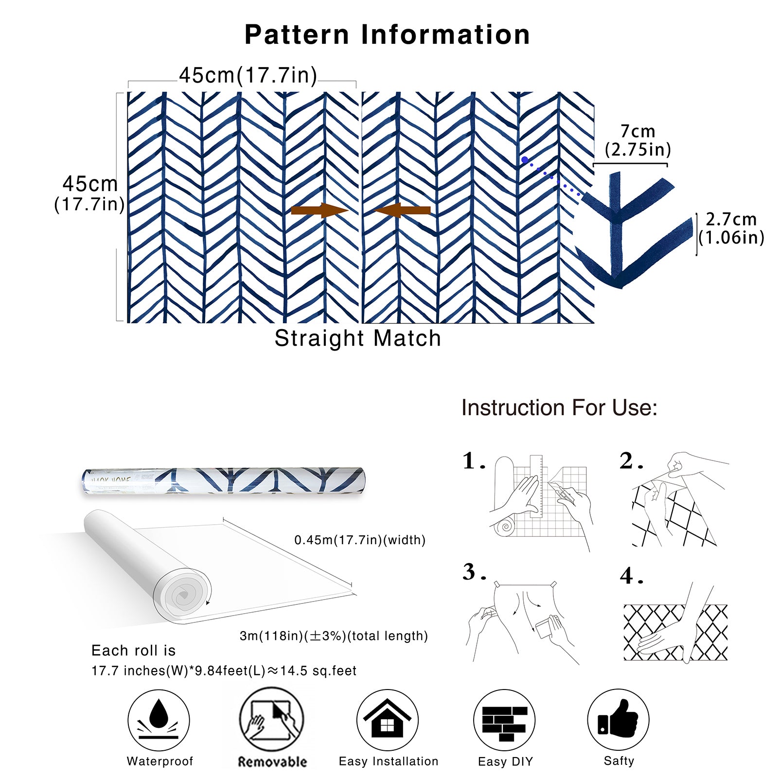 HaokHome Modern Stripe Peel and Stick Wallpaper for Bedroom Herringbone Navy Blue Vinyl Removable Decoration