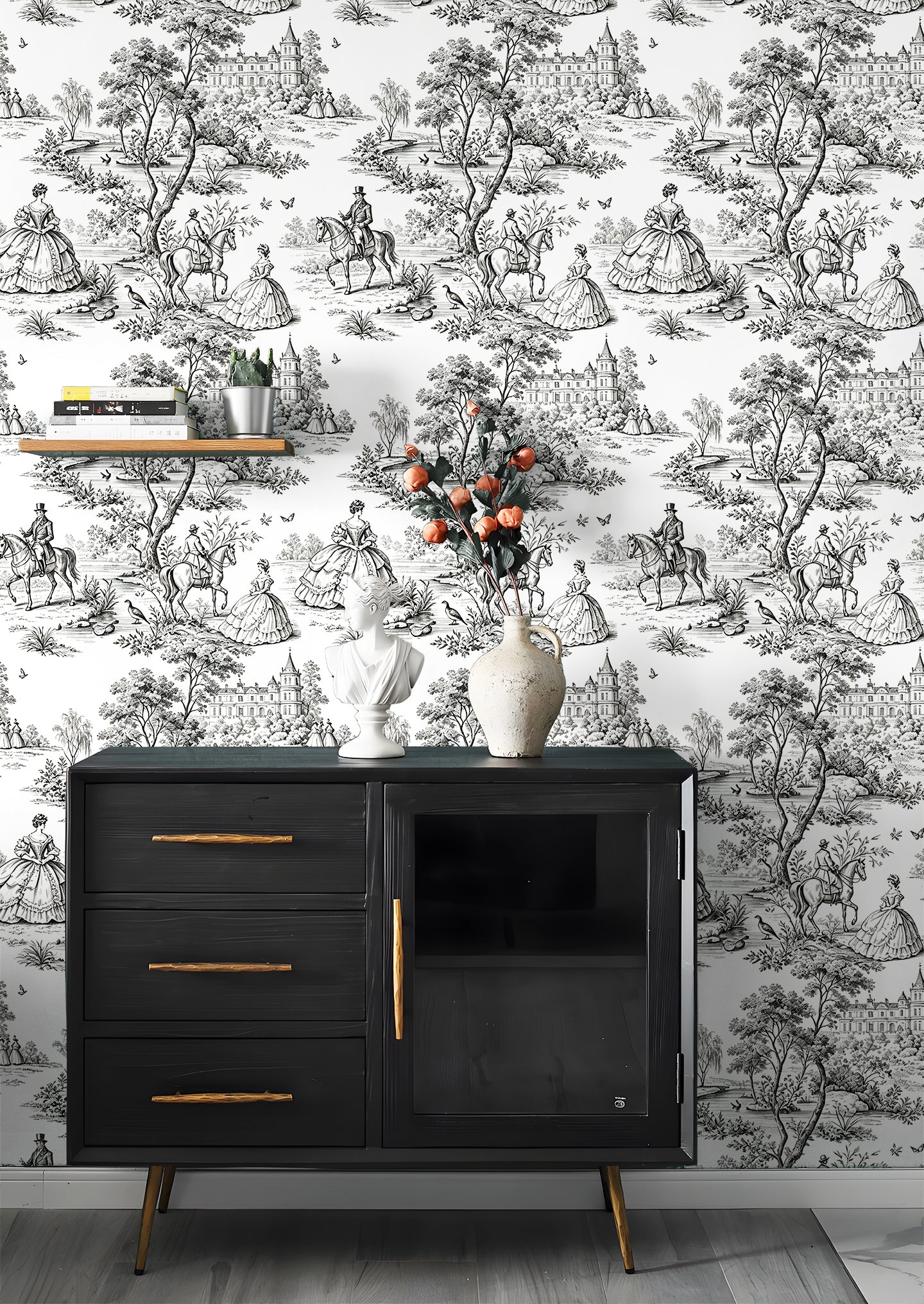 HaokHome Neutral Toile de Jouy Peel and Stick Wallpaper, Black & White Vintage French Scenic Removable Self Adhesive Wallpaper