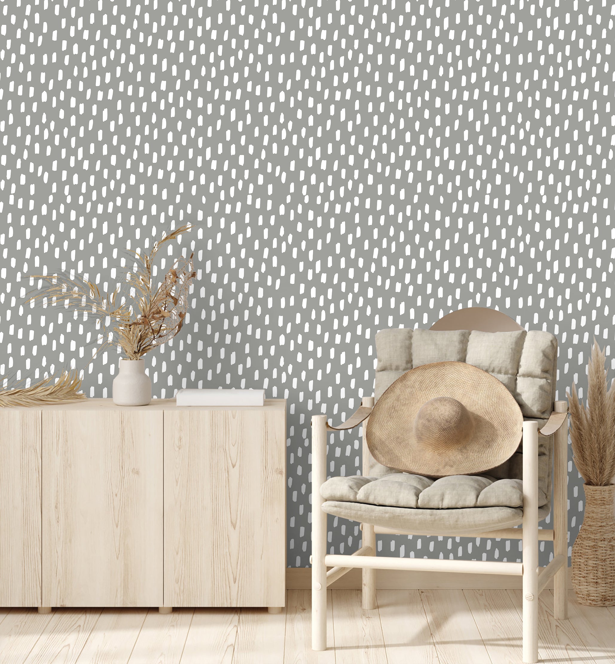 Grey White Brush Dot Wallpaper – Neutral Scandinavian Minimalist Print