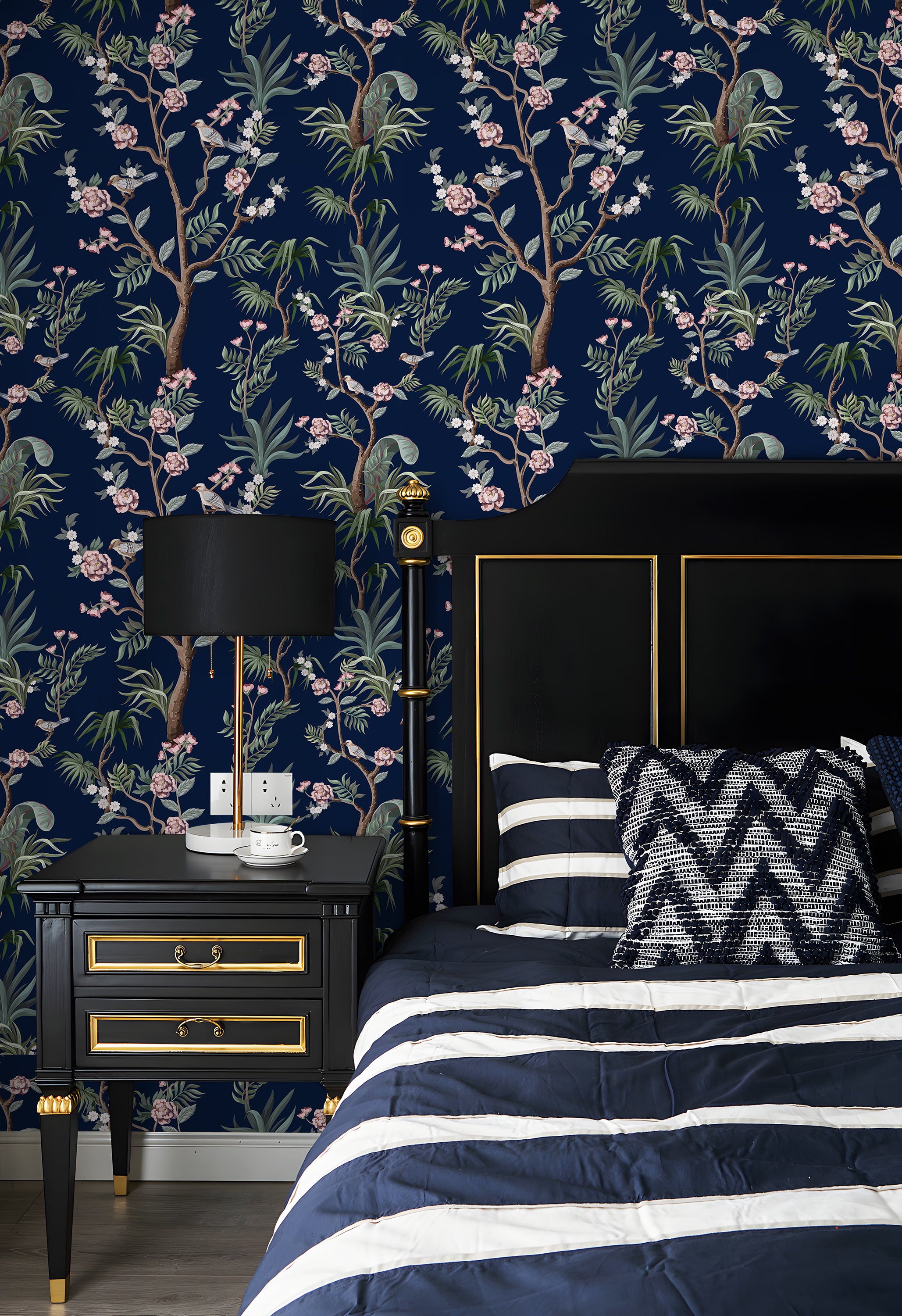 HaokHome Peel and Stick Wallpaper Floral Forest Navy/Green/Pink Removable Bedroom Wall Decorations