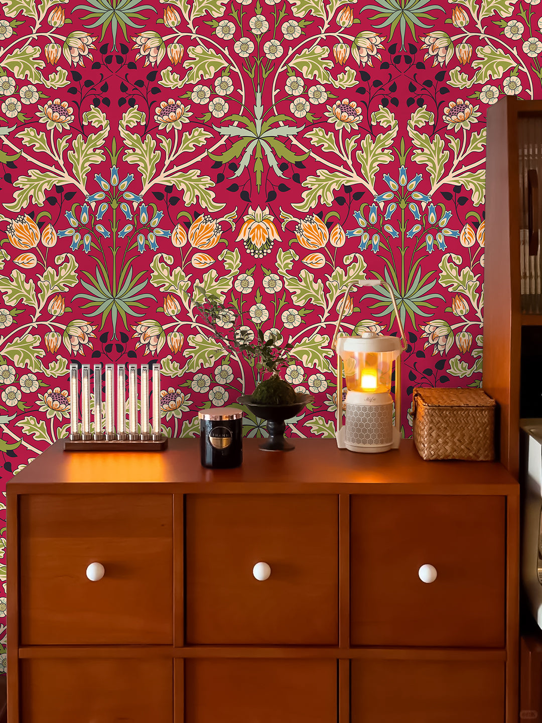 HaokHome Peel and Stick Wallpaper Vintage Red Floral Botanical William Morris Style Wallpaper