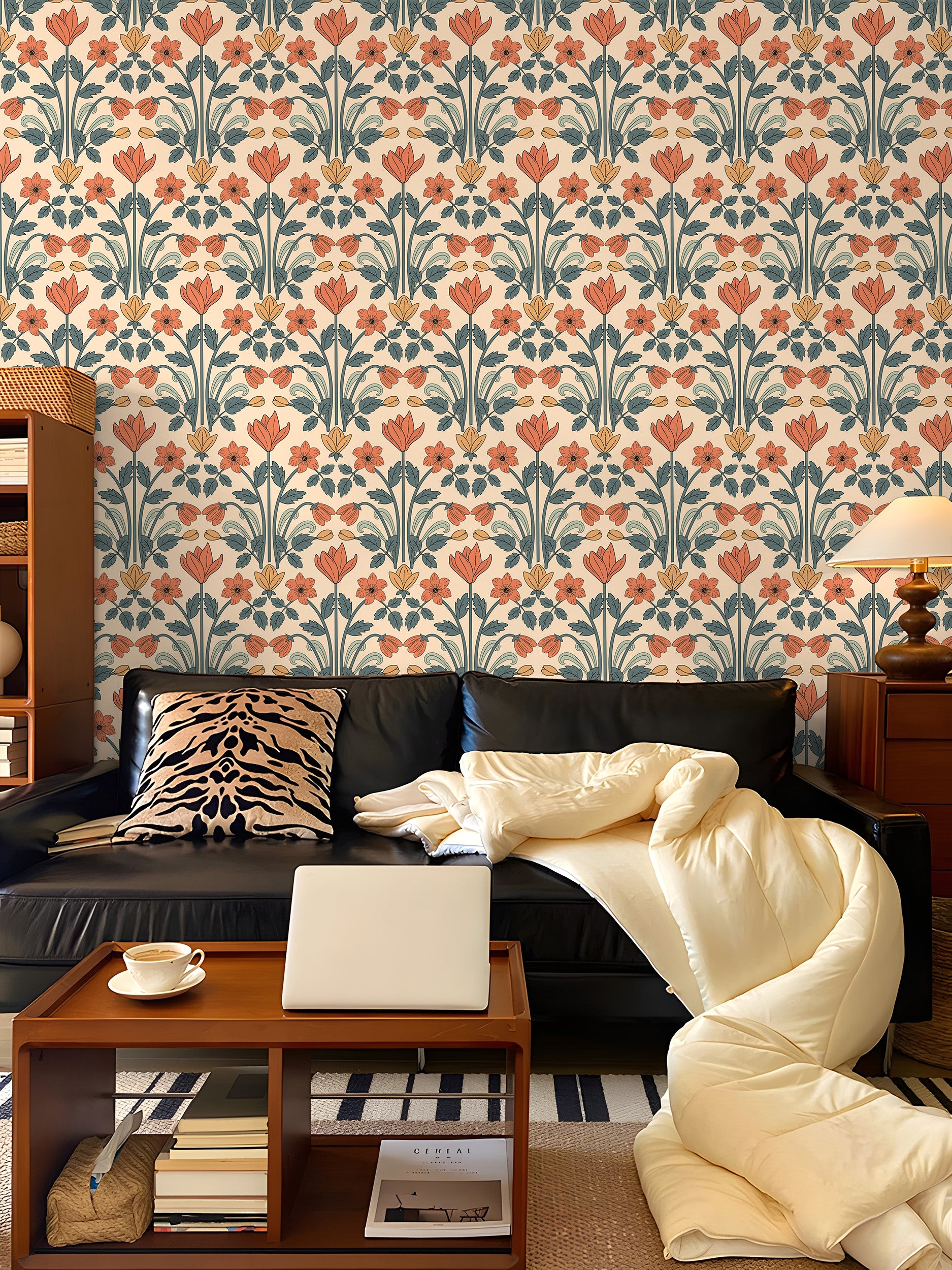 Warm Peach Art Nouveau Symmetric Tulip Peel and Stick Floral Wallpaper
