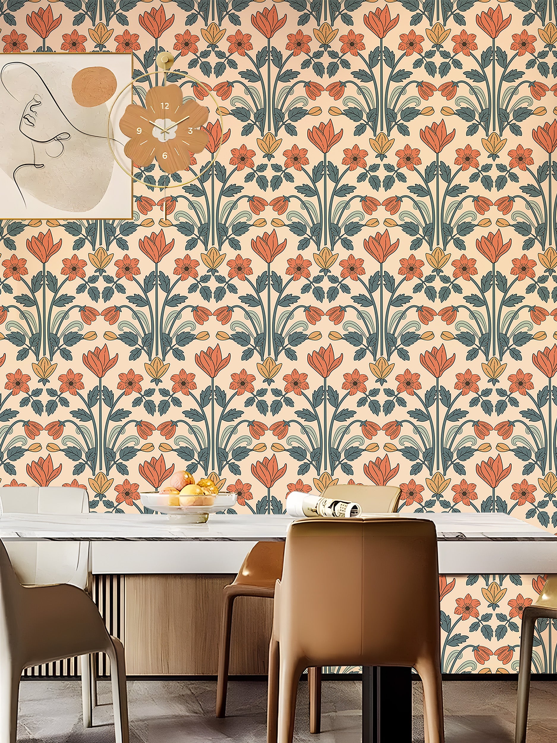 Warm Peach Art Nouveau Symmetric Tulip Peel and Stick Floral Wallpaper
