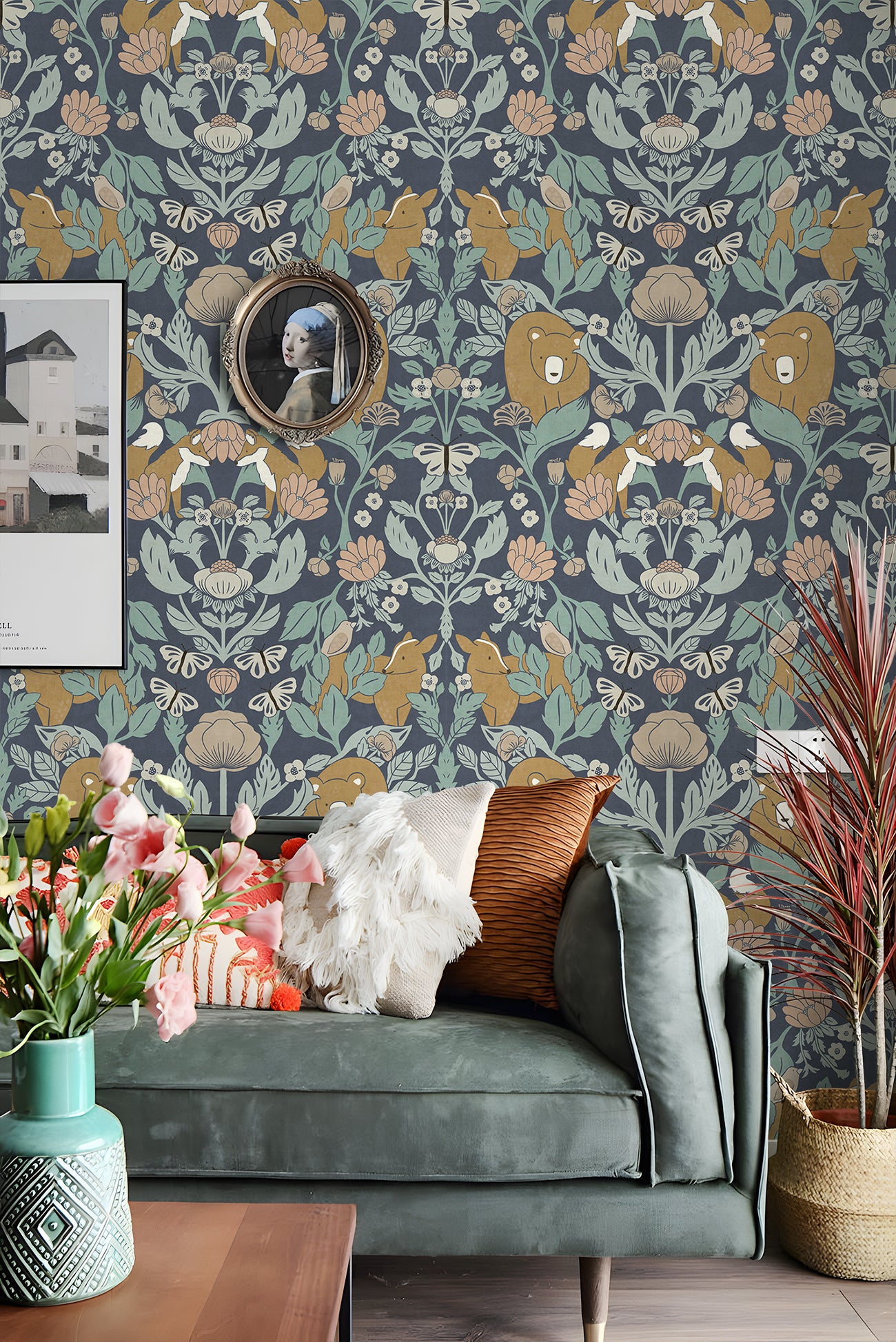 HaokHome Whimsical Woodland Wallpaper – Bears, Foxes & Butterflies in Soft Pastel Floral Design for Nursery & Living Rooms