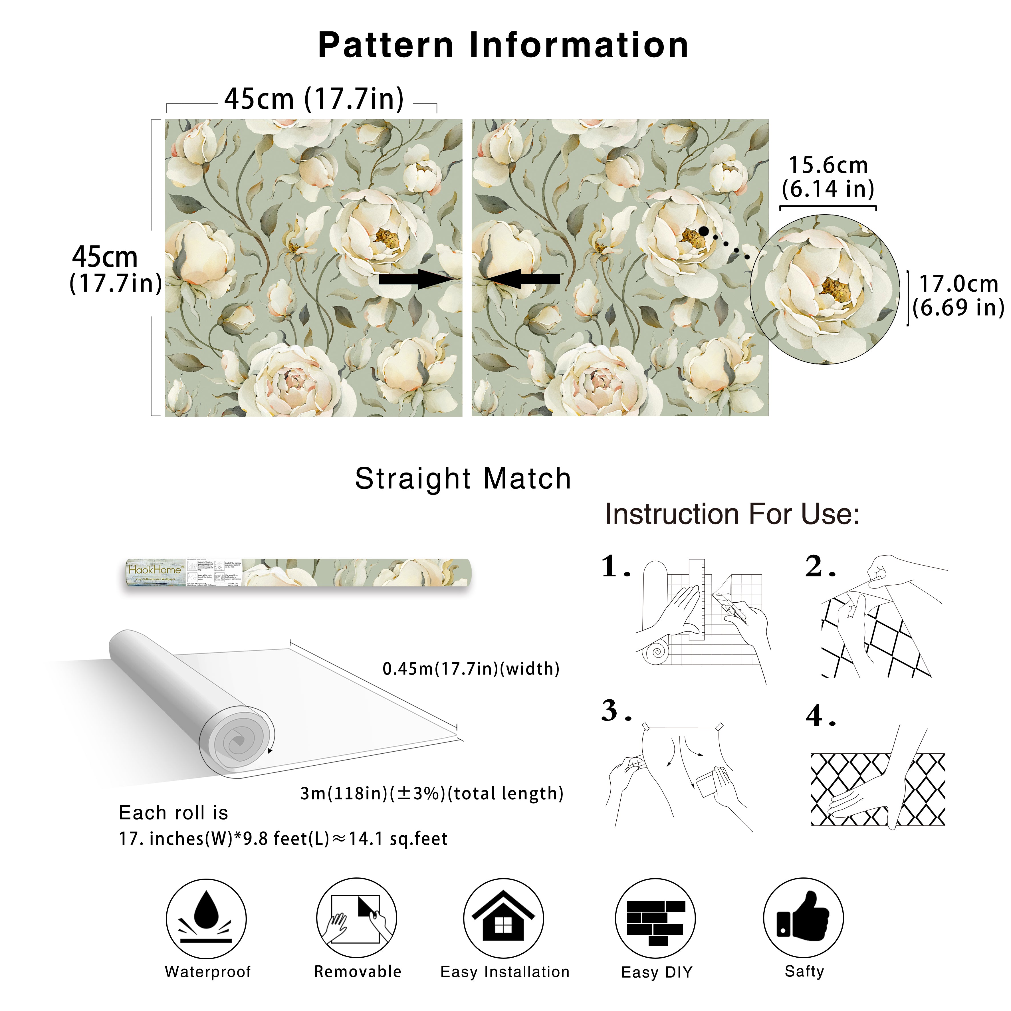 HaokHome Cream Color Rose Peel and Stick Wallpaper Removable Vinyl Self Adhesive DIY Decor