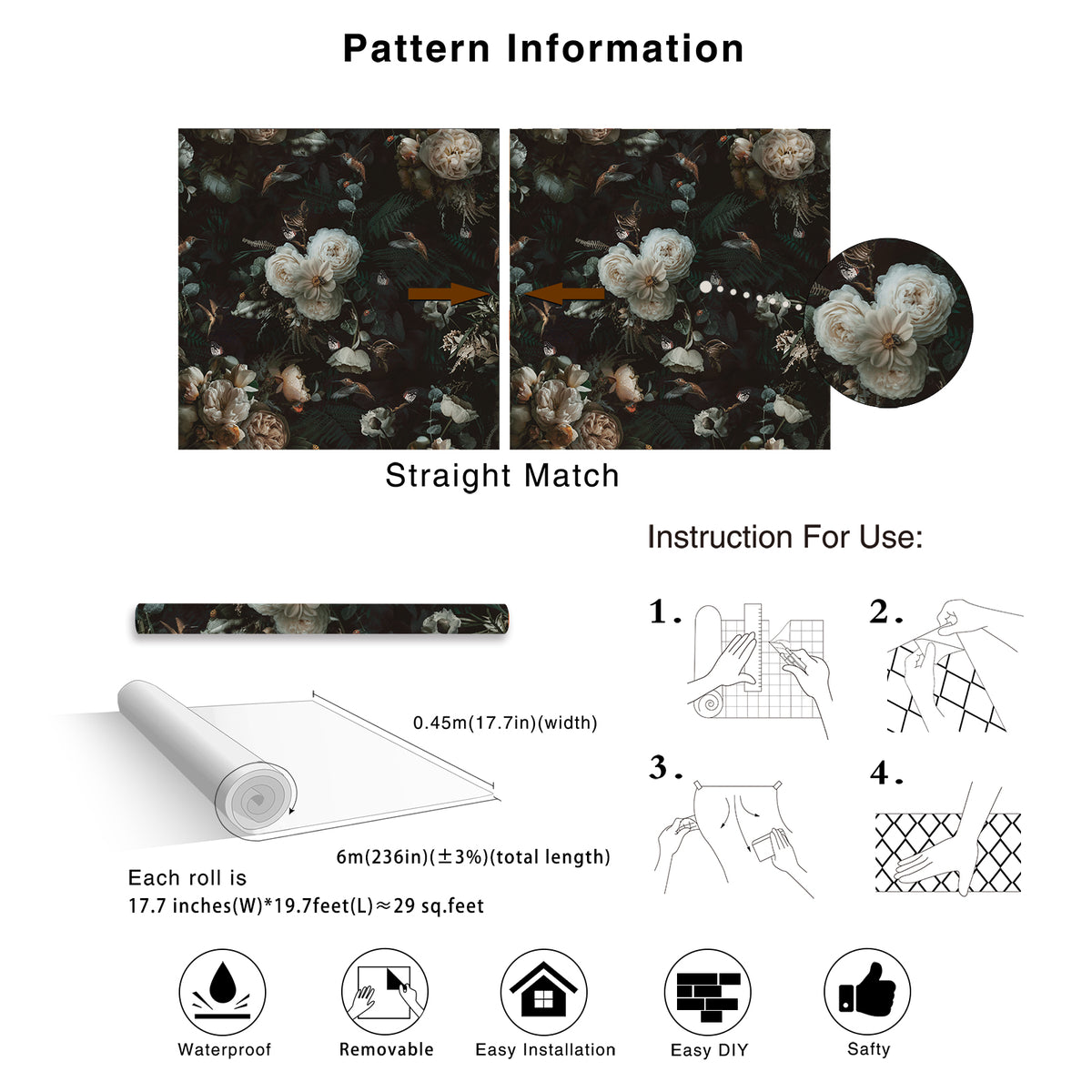 HaokHome PHaokHome Dark Moody Botanical Removable Self‑Adhesive Wall Covering, Vintage Peony Hummingbird Butterfly Peel and Stick Wallpapereel and Stick Boho Wallpaper Removable Vintage Black Floral Contact Paper for Cabinet Accent Wall