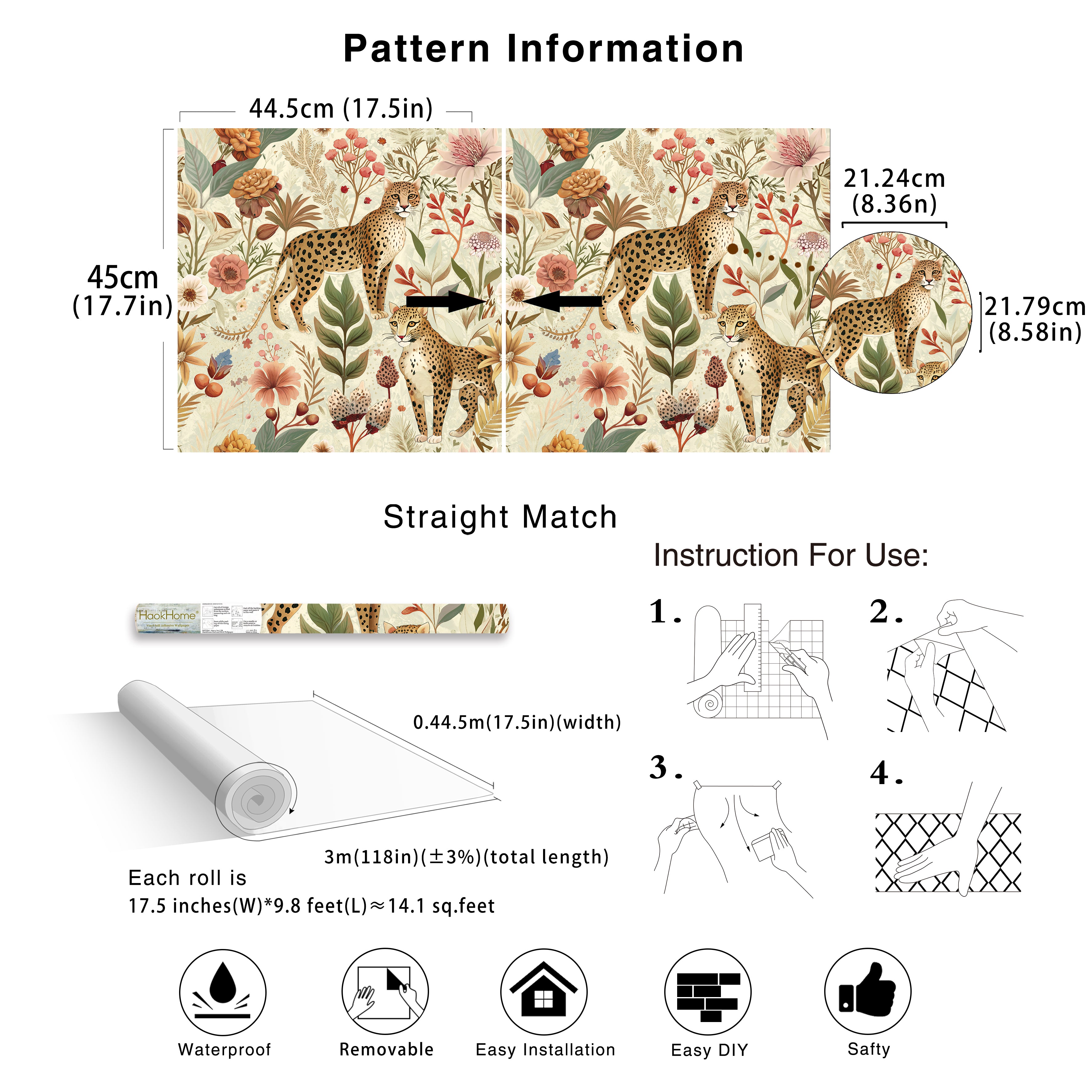 HaokHome Vintage Leopard Floral Removable Self‑Adhesive Wall Covering, Wild Jungle Botanical Peel and Stick Wallpaper