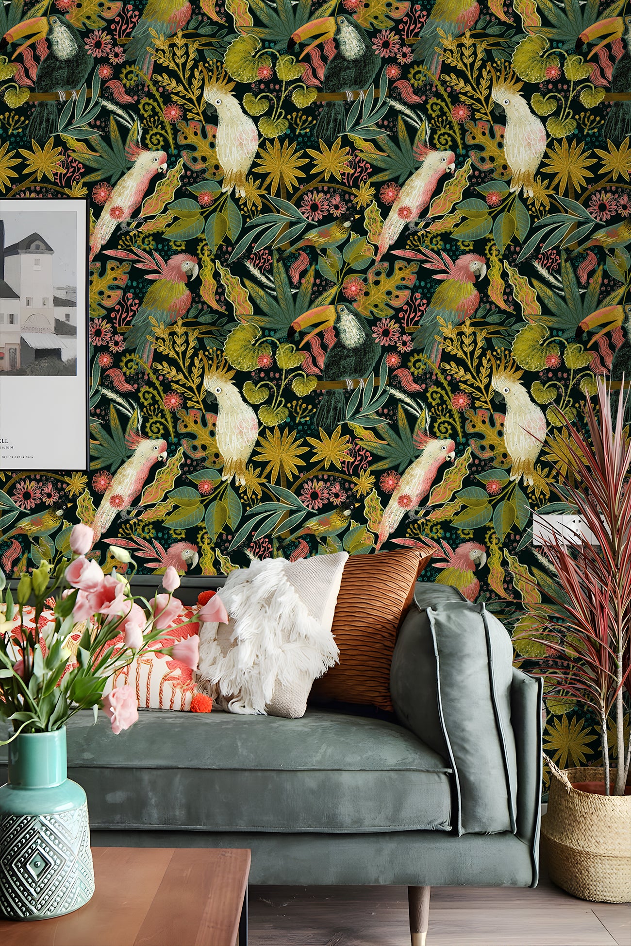 HaokHome Tropical Birds and Flowers Wallpaper – Colorful Cockatoos, Toucans, and Blooms on Dark Green Background