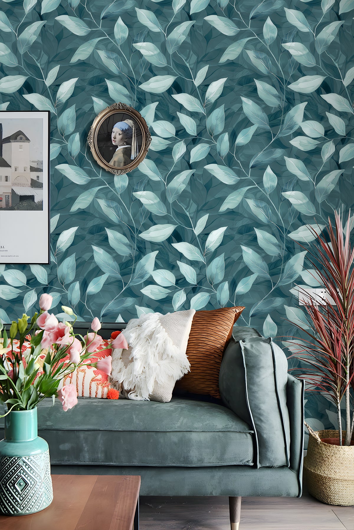 Haokhome Dusty Teal Layered Leaf Removable Self‑Adhesive Wall Covering, Dark Green Watercolor Foliage Wallpaper