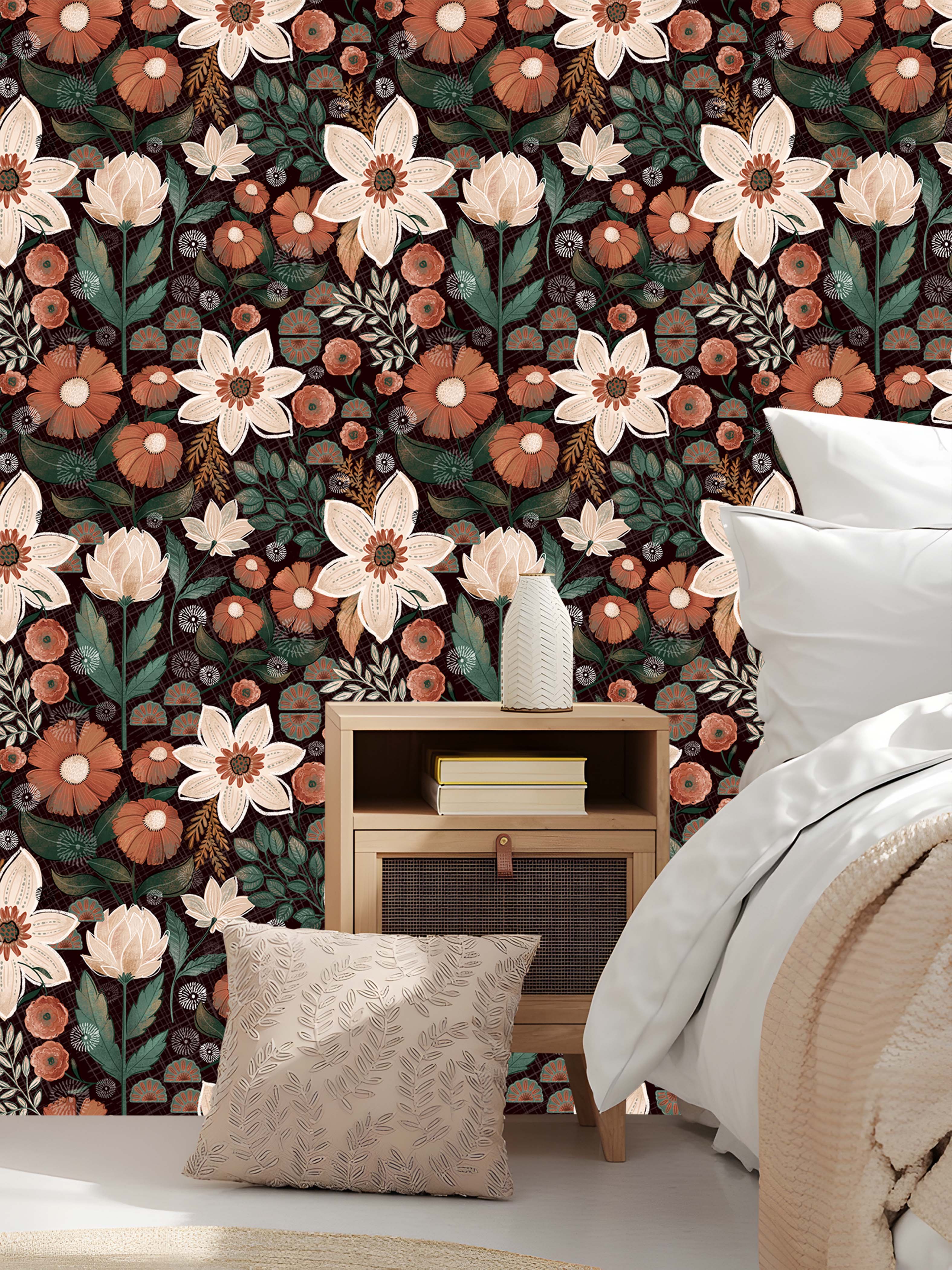 HaokHome Wallpaper Peel and Stick Floral Botanical Dark Brown/Beige/Green Retro Wall Decor Removable Mural for Bedroom & Living Room
