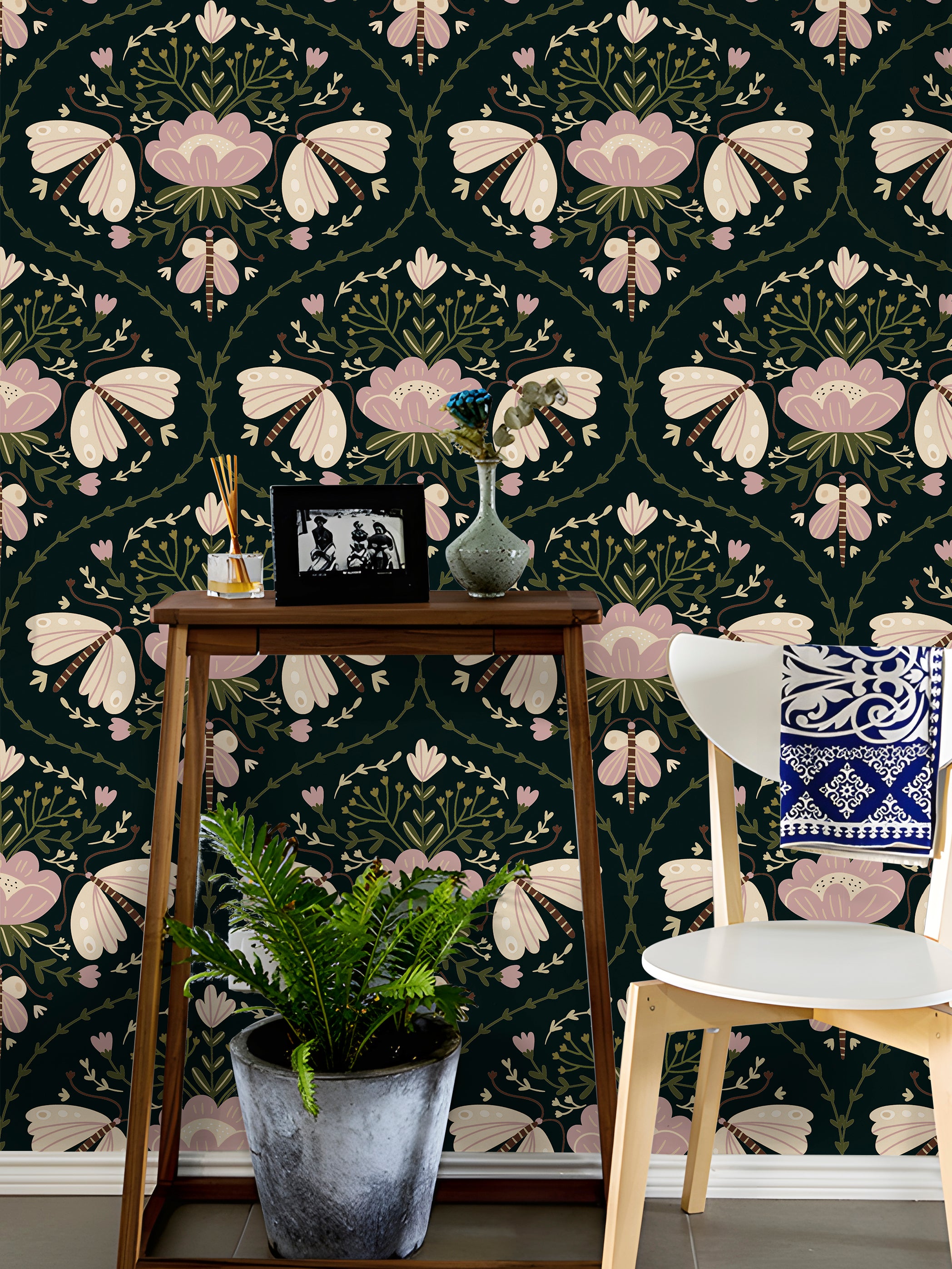 HaokHome Moody Black Floral Peel and Stick Wallpaper, Vintage Moth & Dahlia Removable Self Adhesive Wallpaper