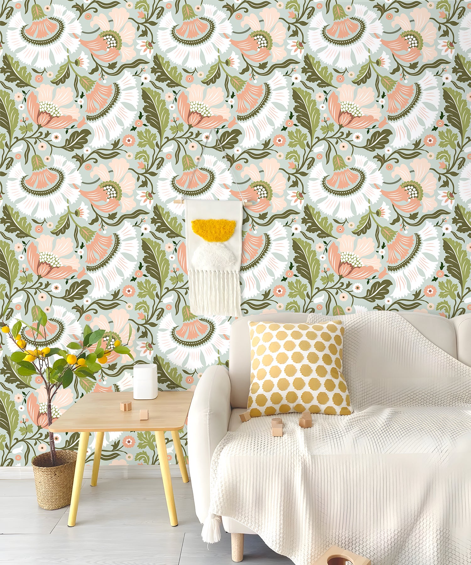 HaokHome Soft Folk Floral Peel and Stick Wallpaper, Mint Green & Blush Pink Removable Wallpaper for Nursery