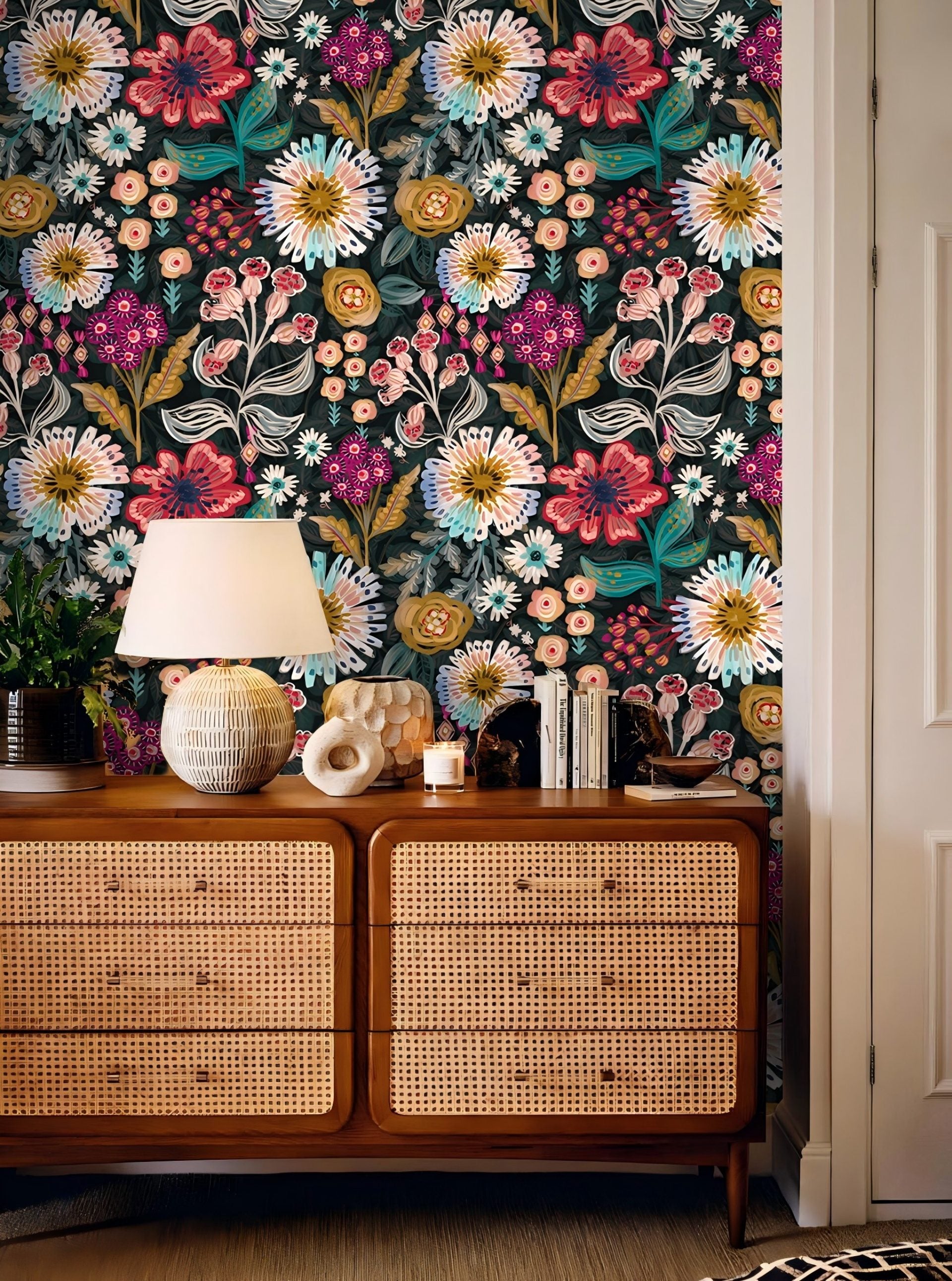 HaokHome Peel and Stick Wallpaper – Dark Moody Folk Wildflower Hand‑Drawn Botanical Removable Wallpaper for Accent Wall