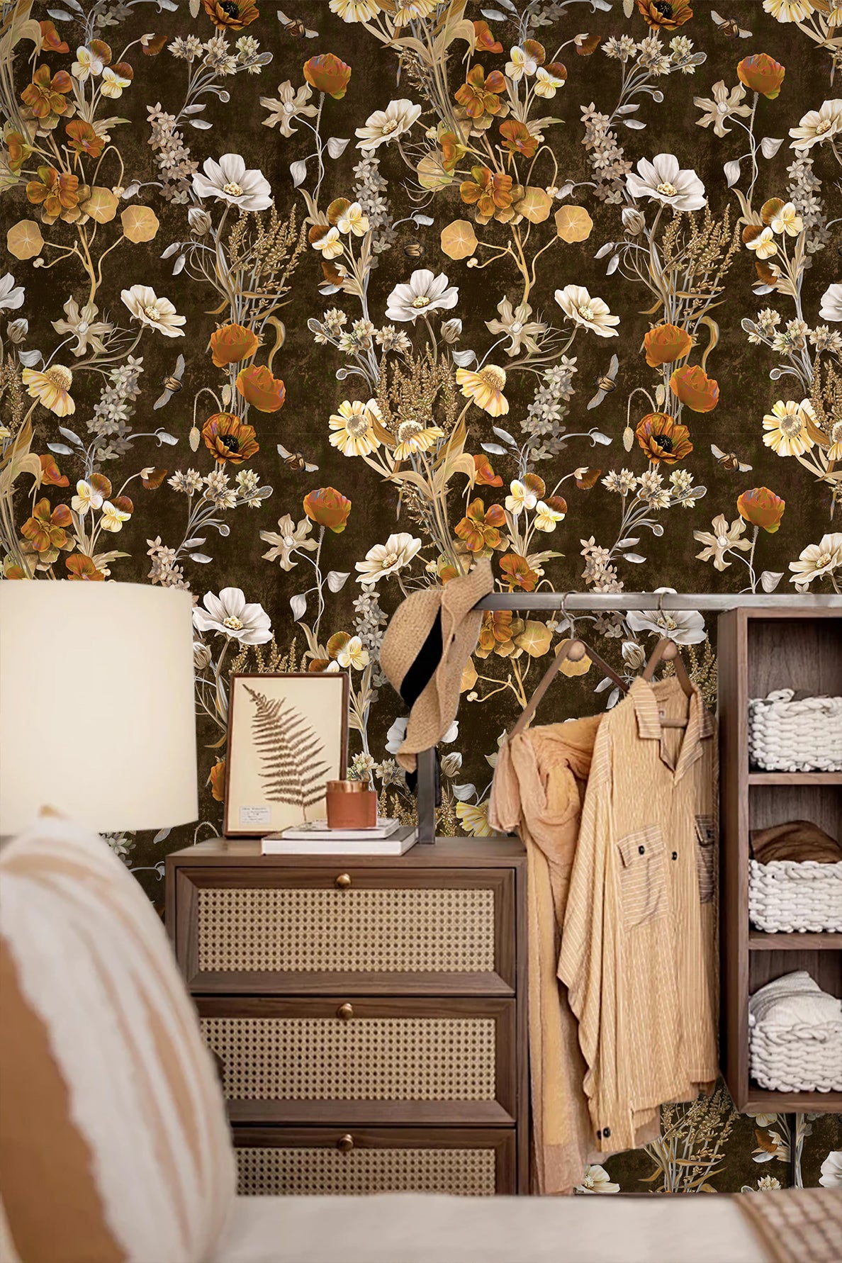 HaokHome Vintage Floral Wallpaper with Dark Brown Background Cozy Nature-Inspired Home Décor