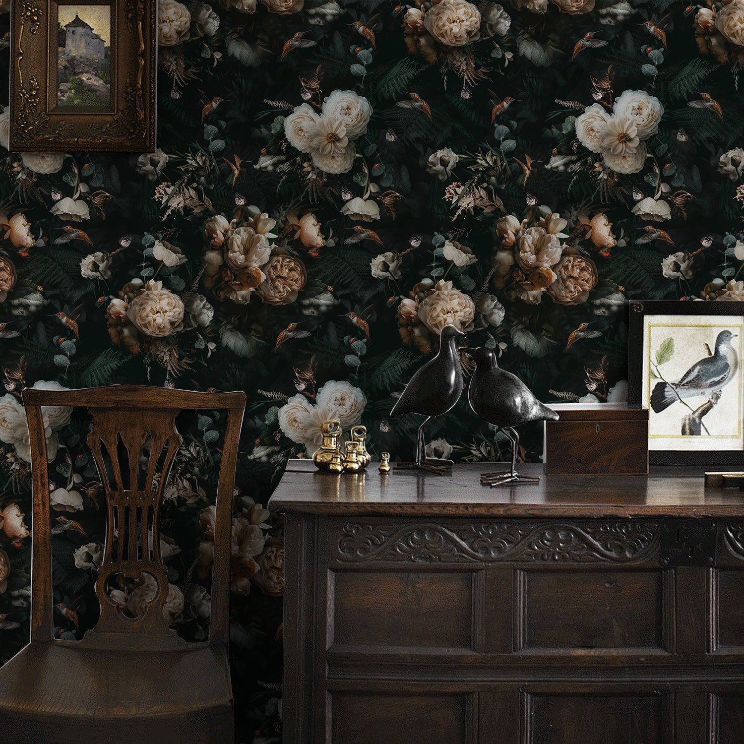 HaokHome PHaokHome Dark Moody Botanical Removable Self‑Adhesive Wall Covering, Vintage Peony Hummingbird Butterfly Peel and Stick Wallpapereel and Stick Boho Wallpaper Removable Vintage Black Floral Contact Paper for Cabinet Accent Wall