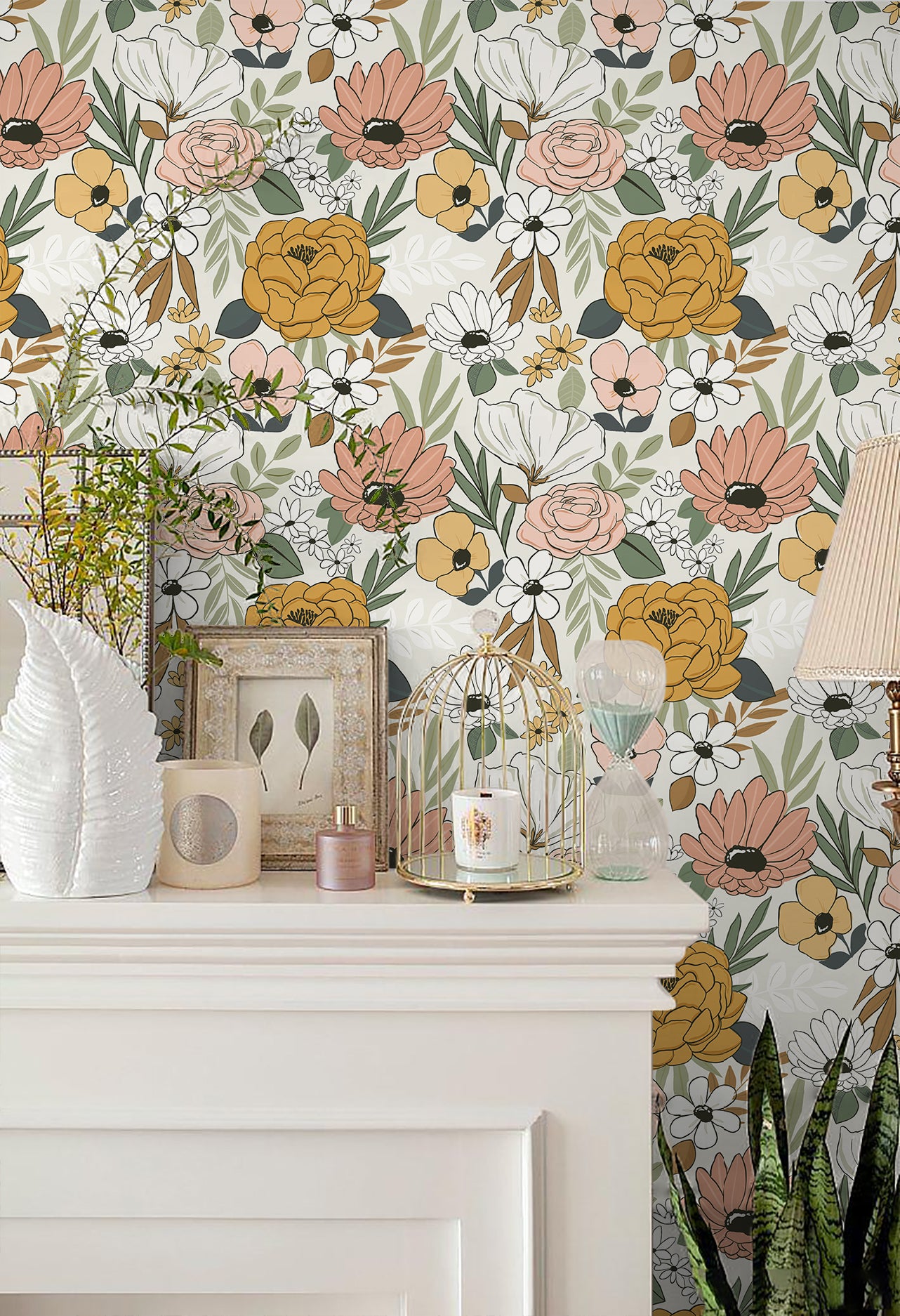 HaokHome Vintage Floral Peel and Stick Wallpaper Removable Daisy Leaf Contact Wallpaper