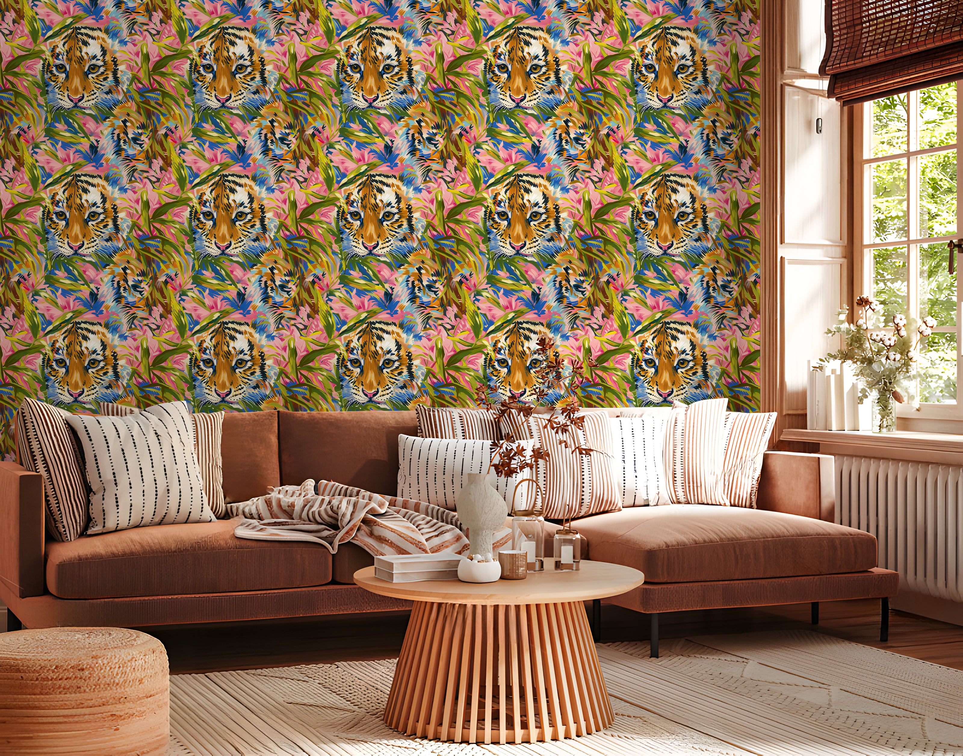 HaokHome layful Tiger and Tropical Bloom Wallpaper Colorful, Bold Design with Pink Flowers and Lush Greenery
