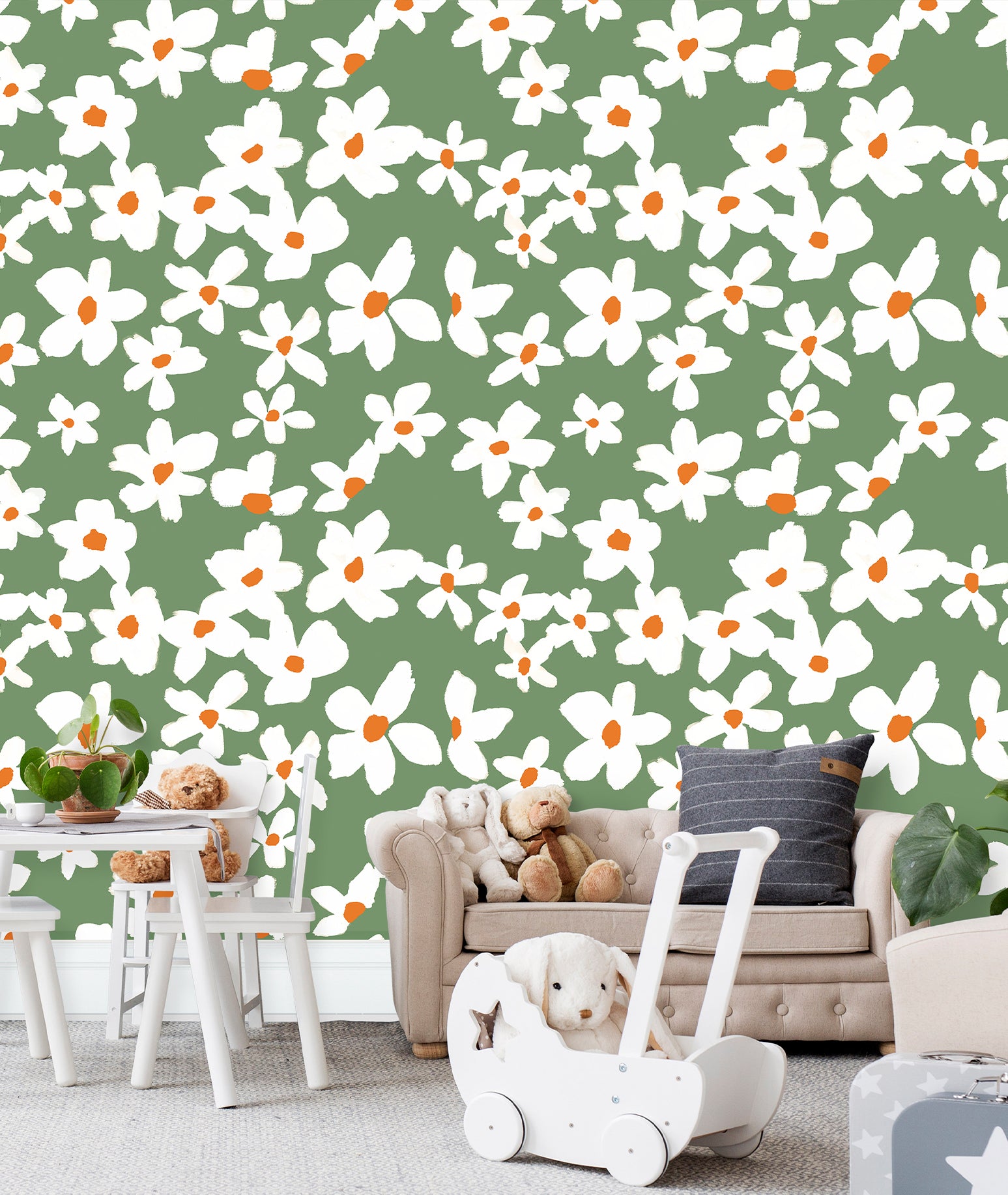 HaokHome Peel and Stick Wallpaper Green White Daisy Floral Wall Mural Removable Self Adhesive Minimalist Botanical Wallpaper