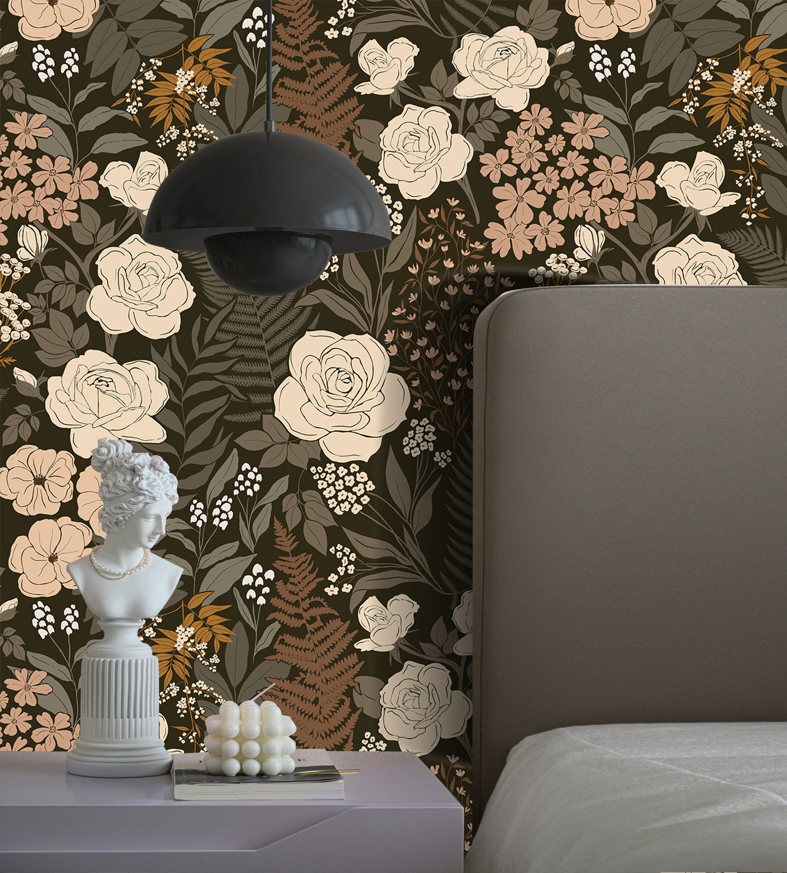 HaokHome Peel and Stick Wallpaper Floral Vintage Removable Rose Leaf Black/Brown/Beige Stick on Mural